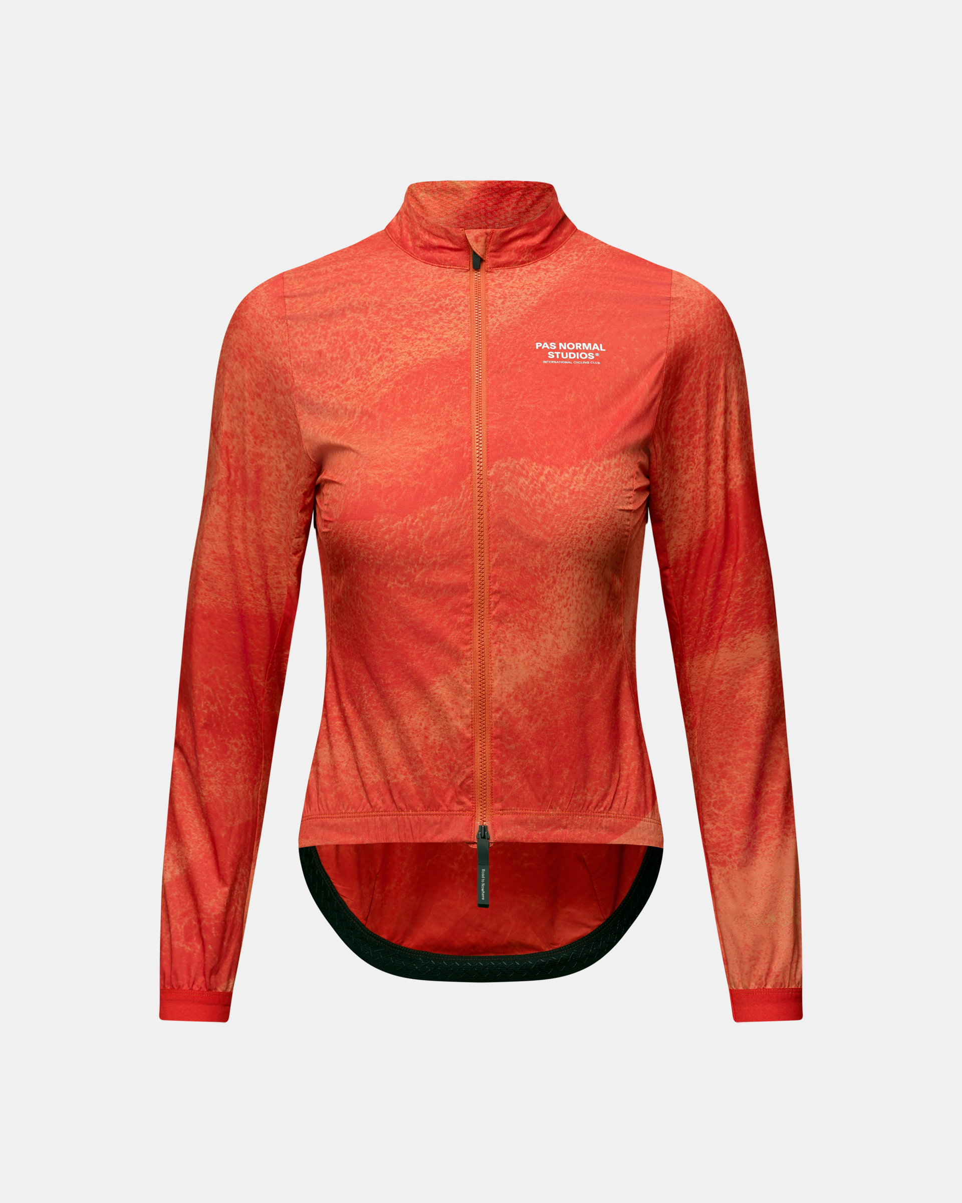 Orange Mechanism Stow Away cycling jacket, front view with textured fabric and full zip