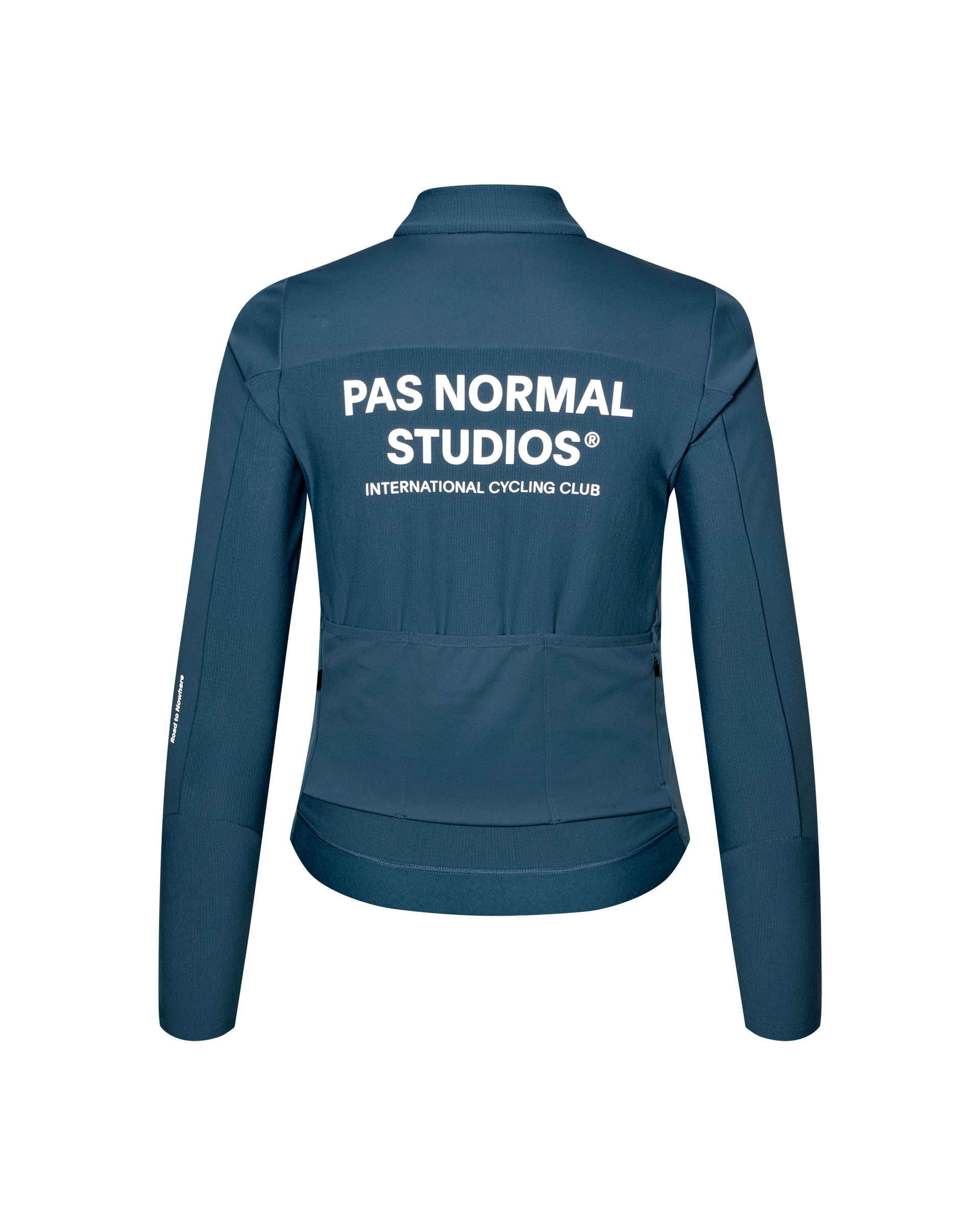 Denim Blue Mechanism Thermal Long Sleeve cycling jersey, rear flat lay with white back logo print and three pockets