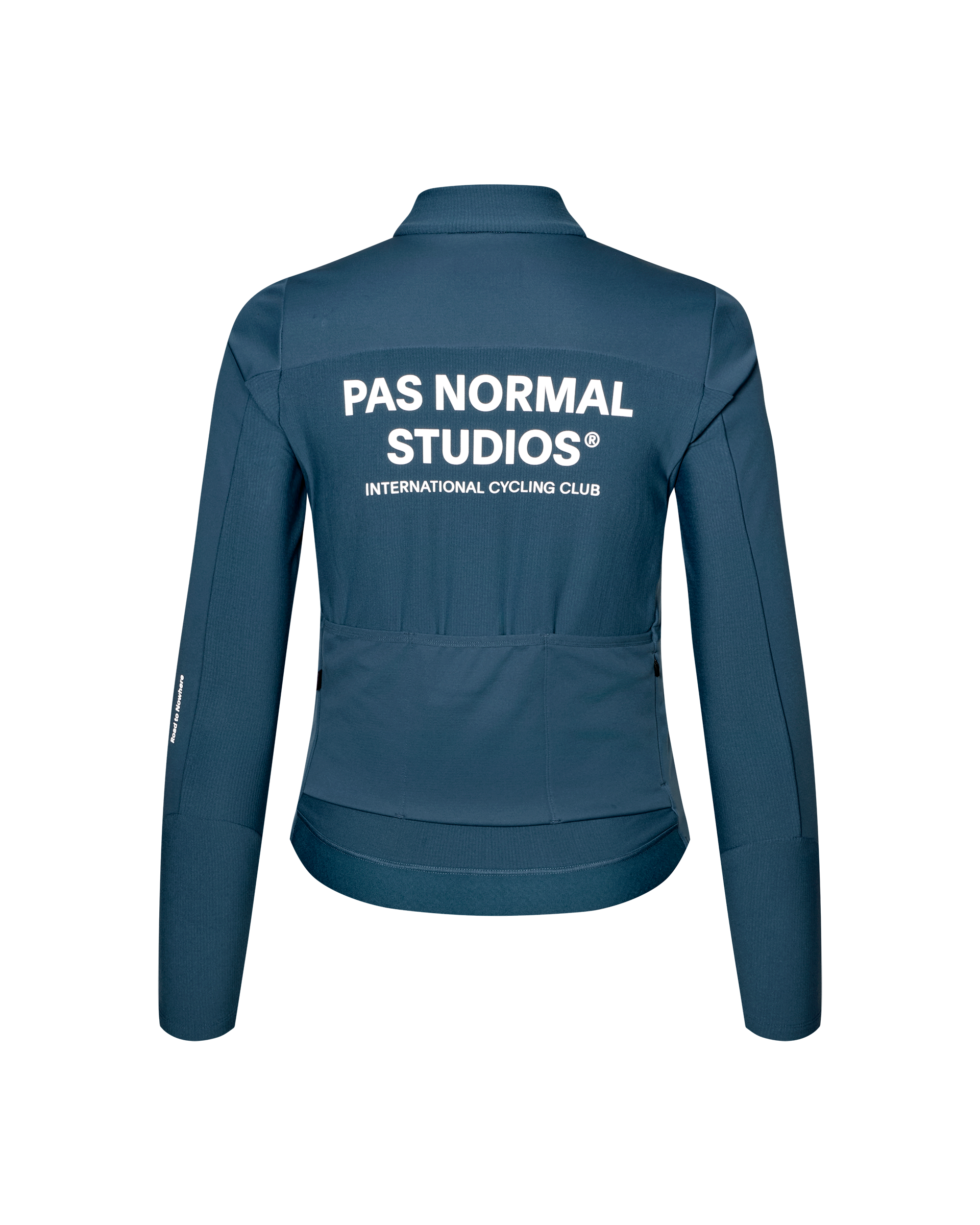 Denim Blue Mechanism Thermal Long Sleeve cycling jersey, rear flat lay with white back logo print and three pockets