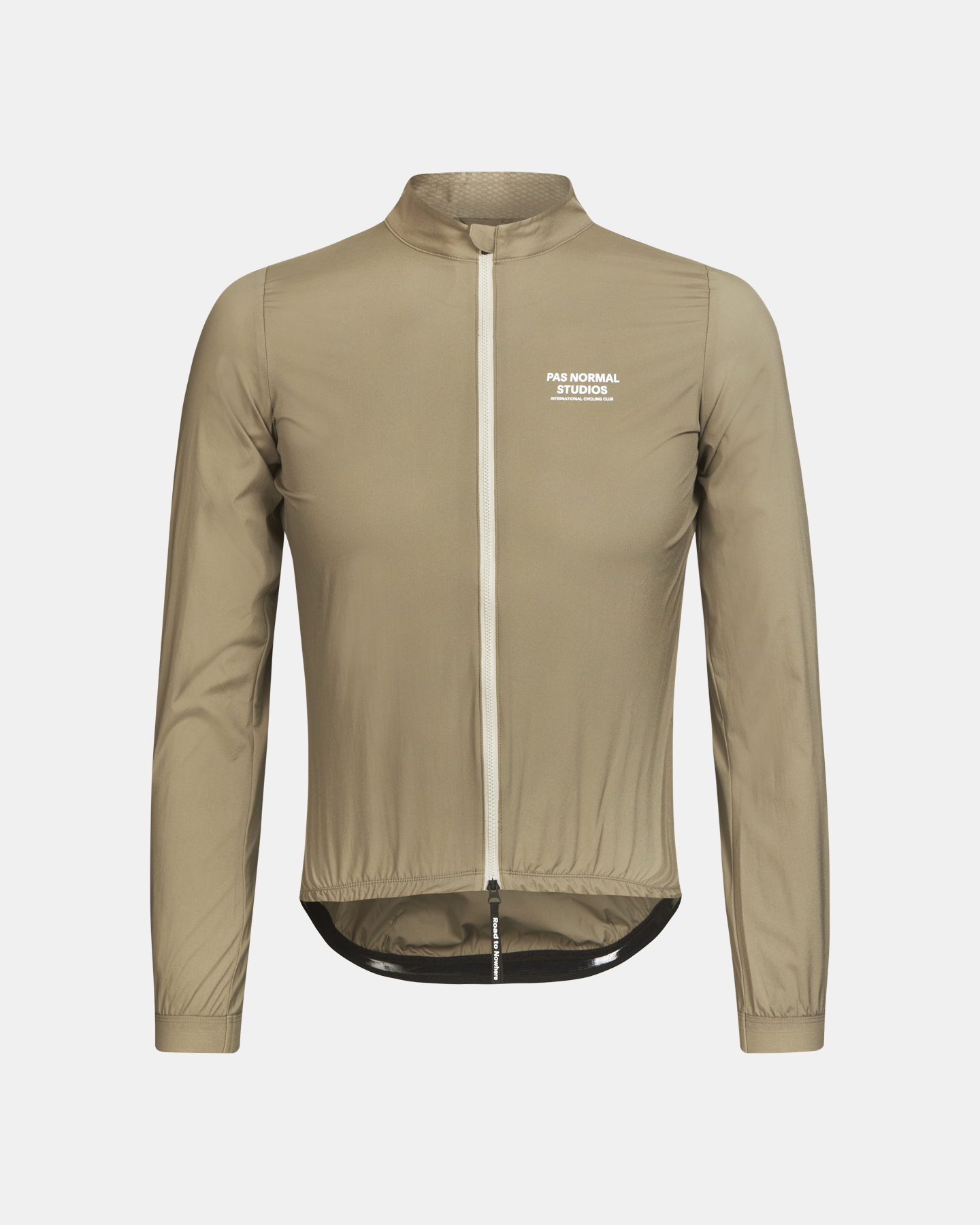 Beige Mechanism Stow Away jacket, front view with white chest logo