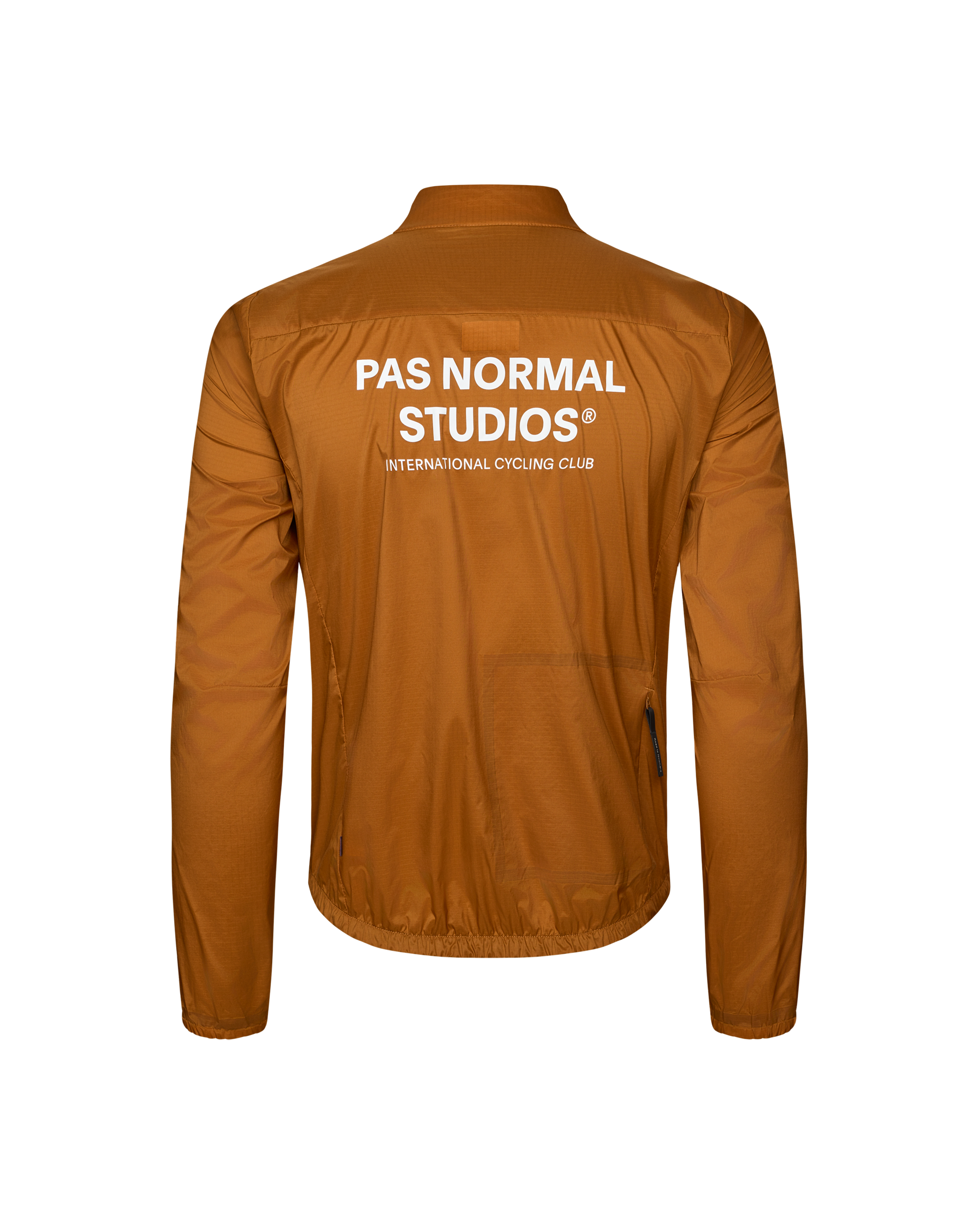 Brown Essential Insulated cycling jacket, rear view with white back print and elastic hem