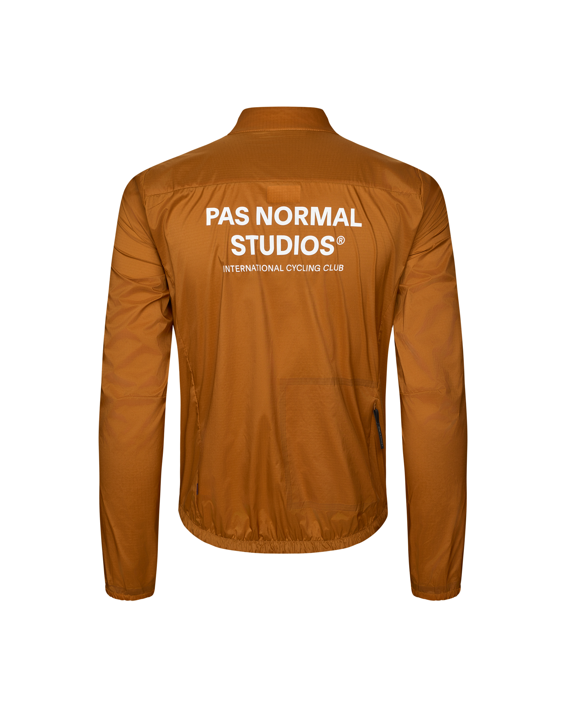 Brown Essential Insulated cycling jacket, rear view with white back print and elastic hem