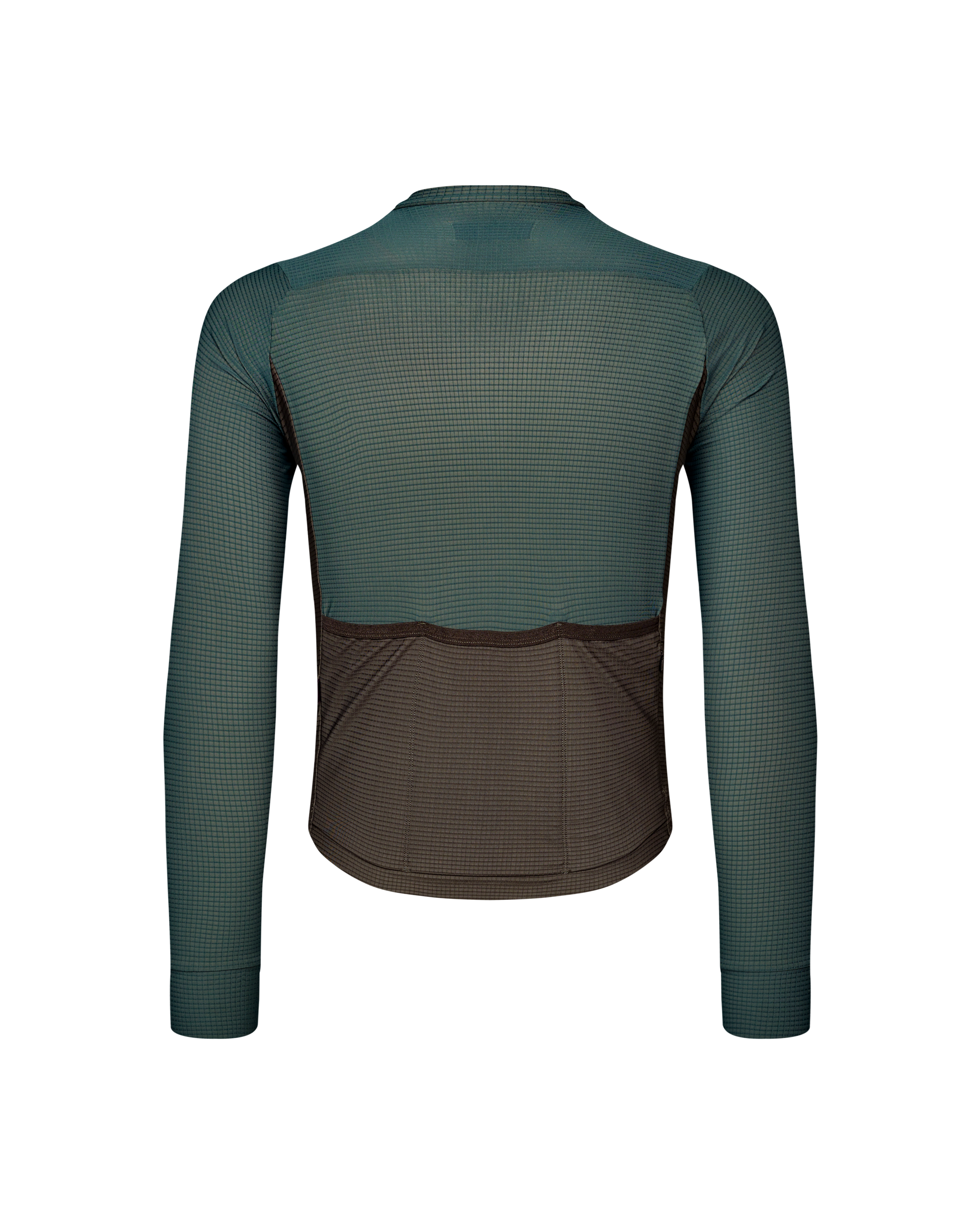 Green Mechanism Pro long sleeve cycling jersey, rear view with brown lower panel and textured fabric