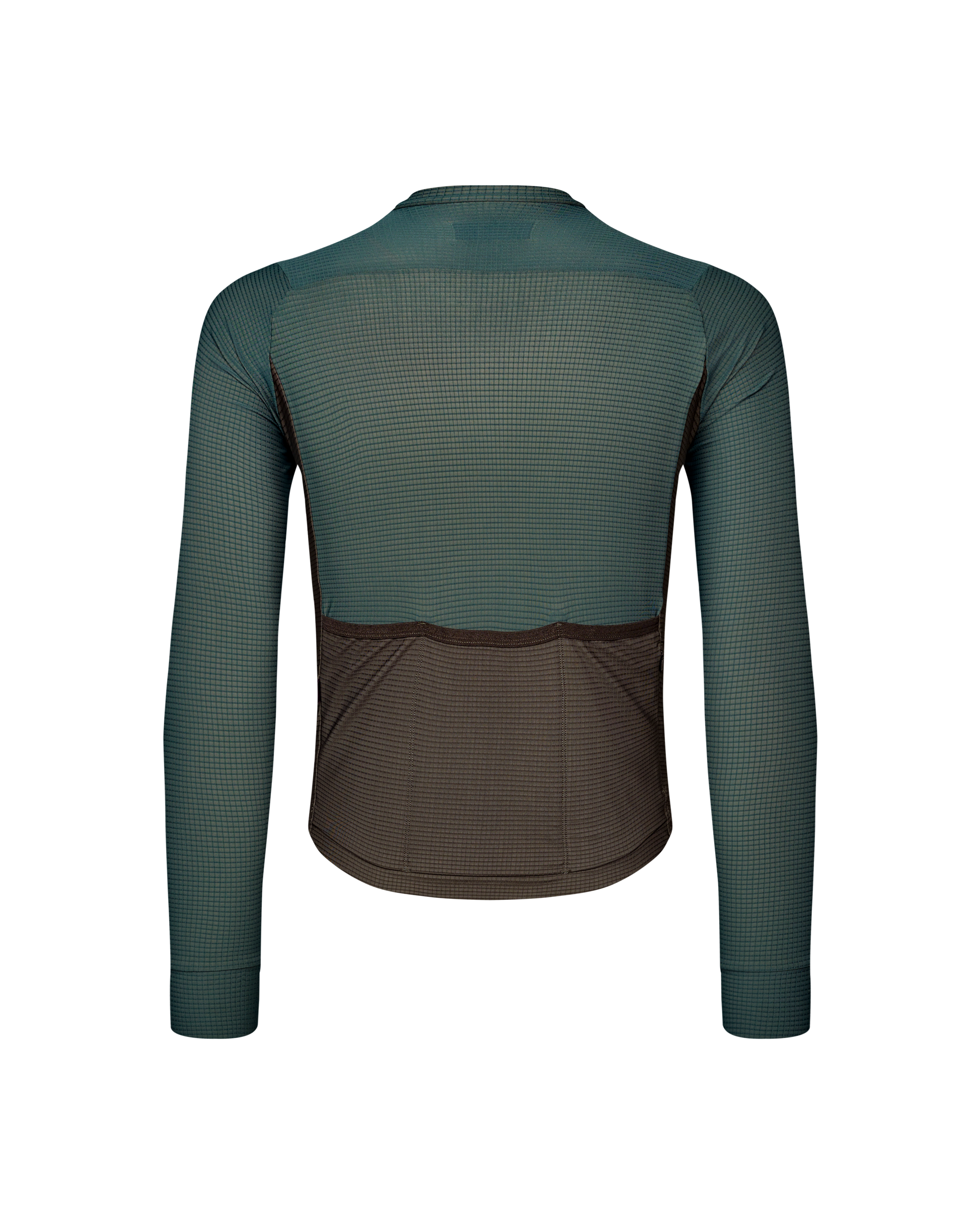 Green Mechanism Pro long sleeve cycling jersey, rear view with brown lower panel and textured fabric