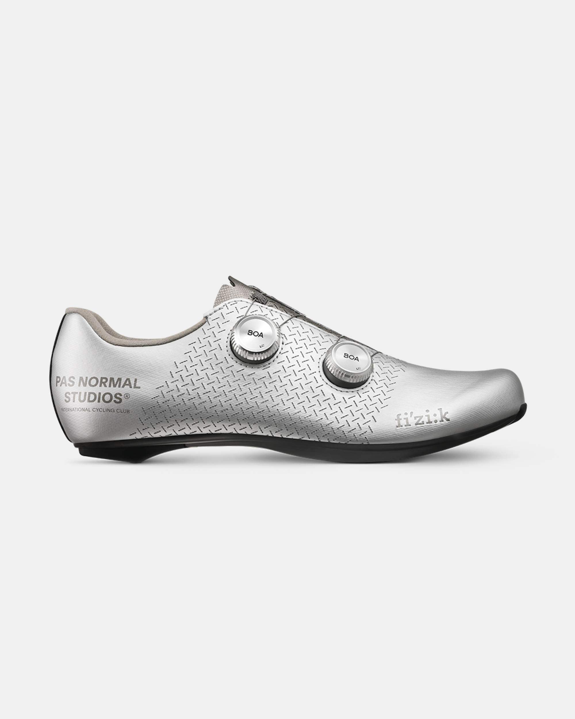Silver Fizik Mechanism road cycling shoes, side view with dual BOA dials and textured upper panel