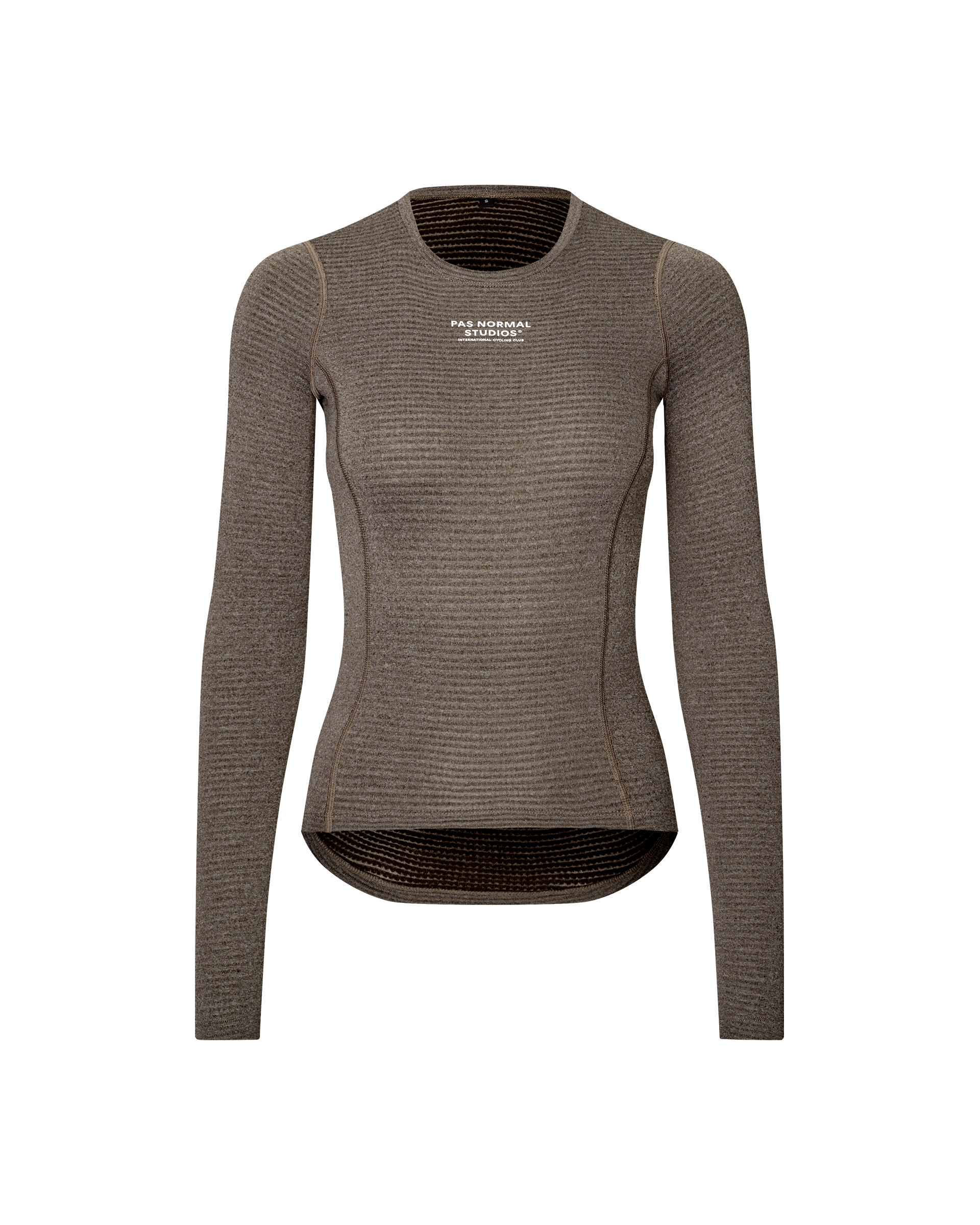 Dark Coffee brown Women's Thermal Long Sleeve cycling baselayer, front flat lay with ribbed texture and white chest logo