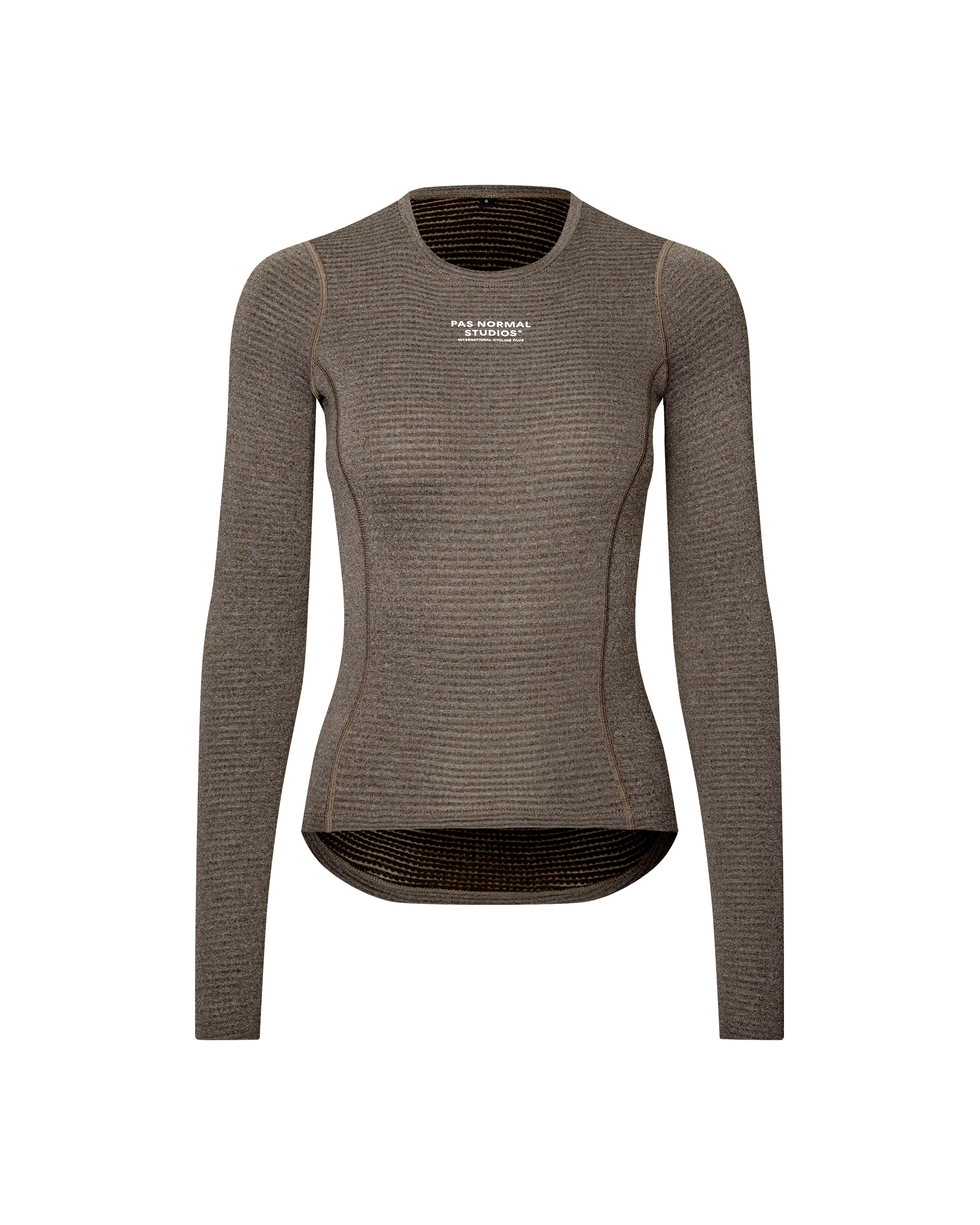 Dark Coffee brown Women's Thermal Long Sleeve cycling baselayer, front flat lay with ribbed texture and white chest logo