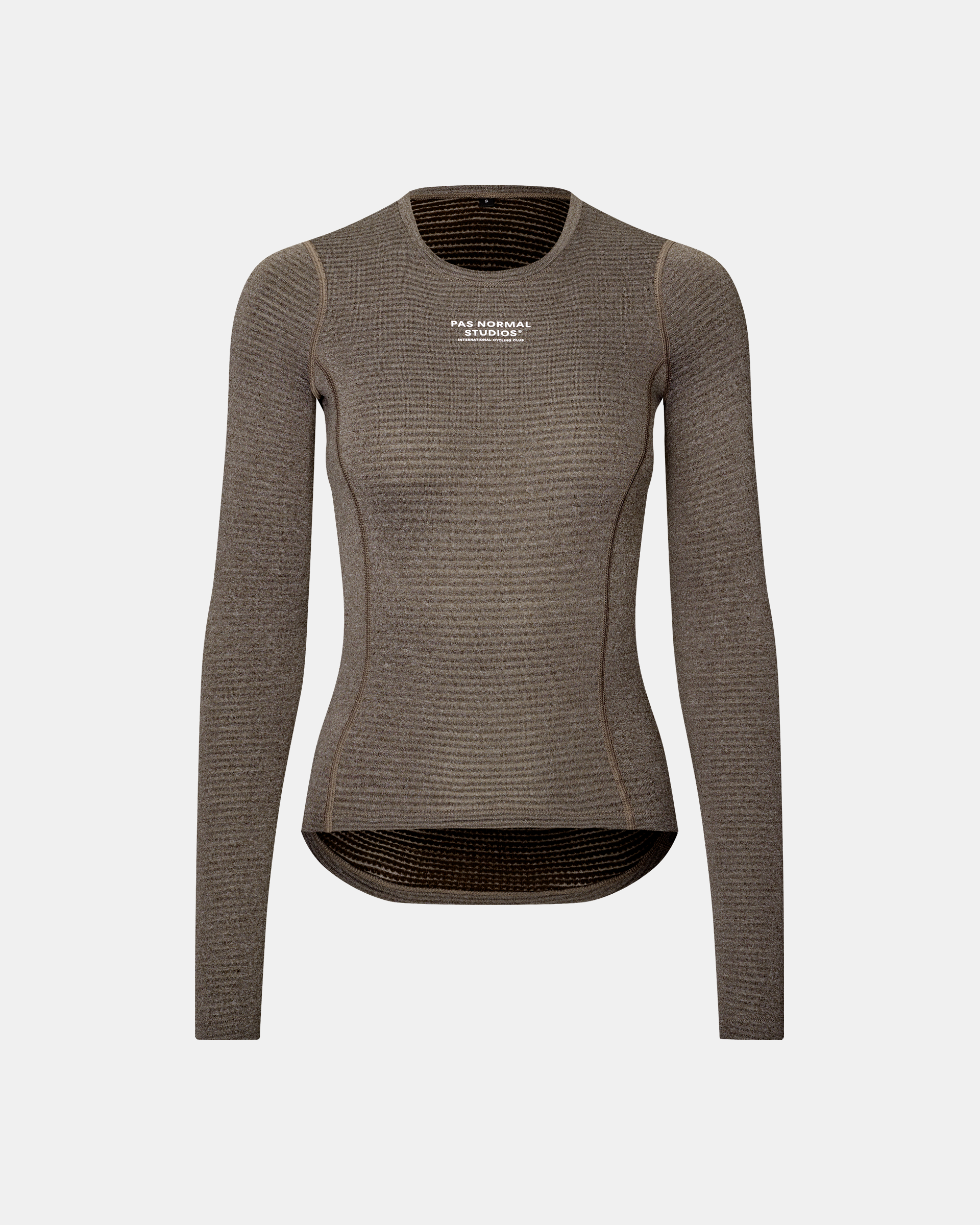 Dark Coffee brown Women's Thermal Long Sleeve cycling baselayer, front flat lay with ribbed texture and white chest logo
