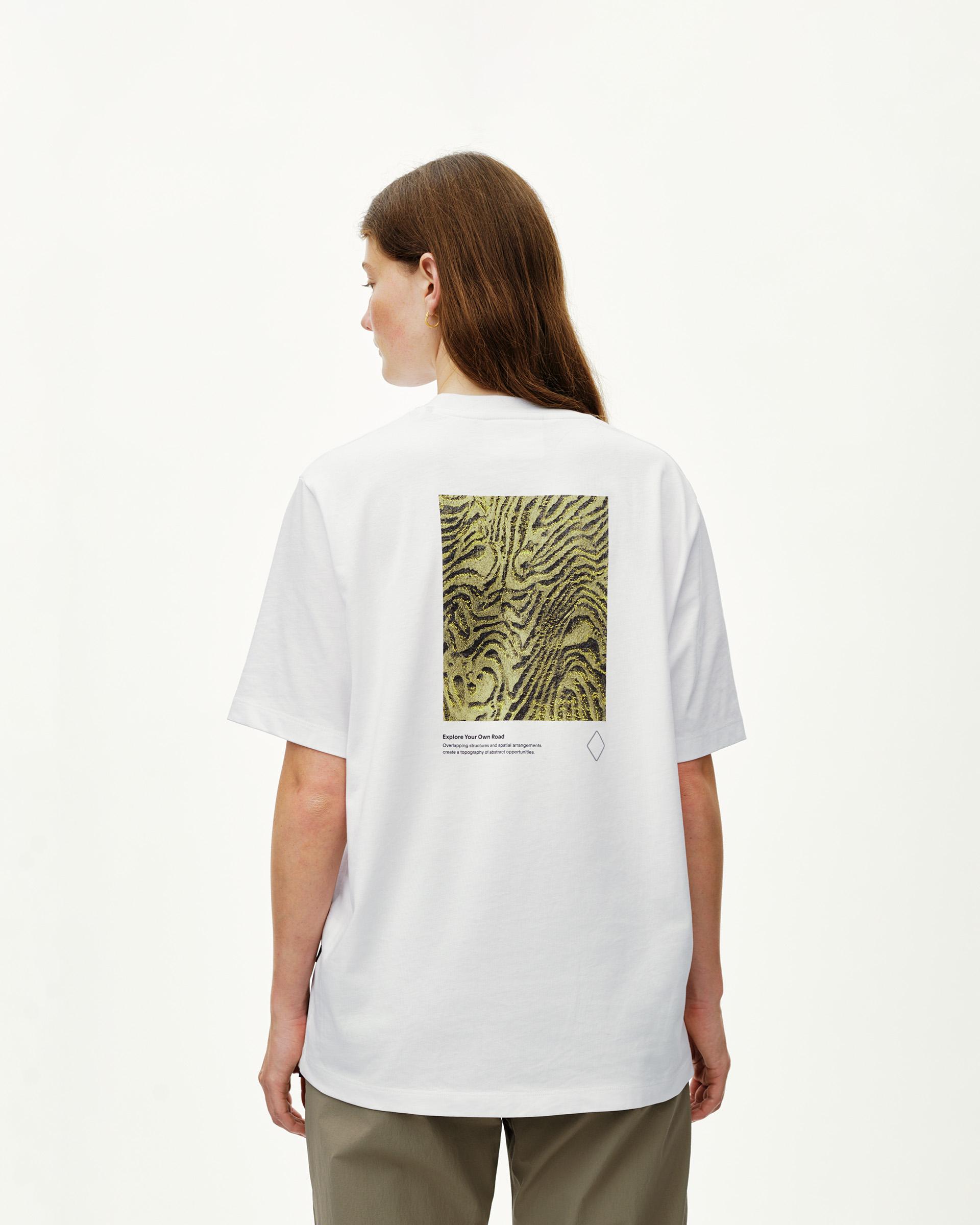White Off-Race Graphic T-shirt, rear view on model with abstract terrain print on back