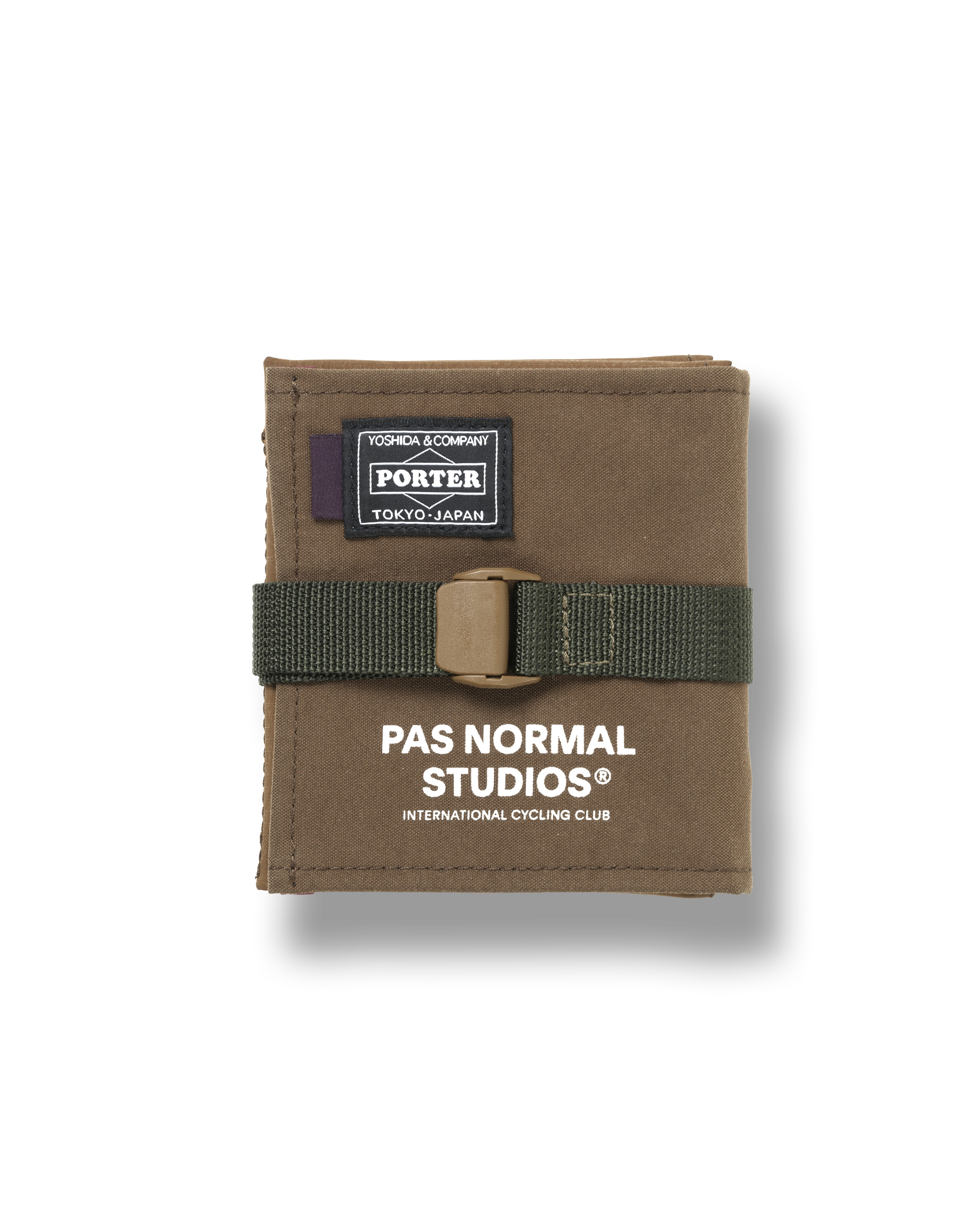 Light Brown Porter-Yoshida cycling saddle bag, front flat lay with green strap buckle closure