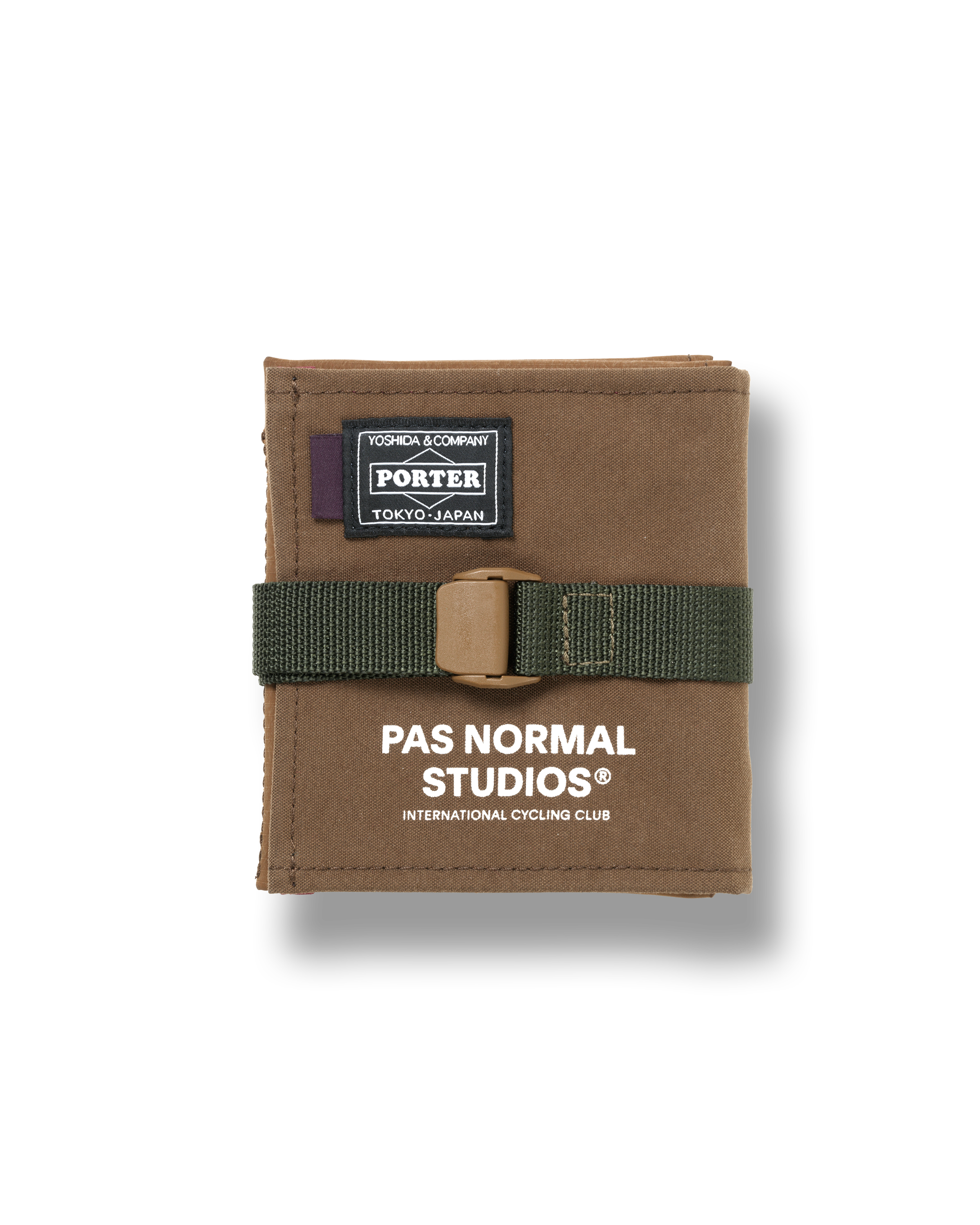 Light Brown Porter-Yoshida cycling saddle bag, front flat lay with green strap buckle closure