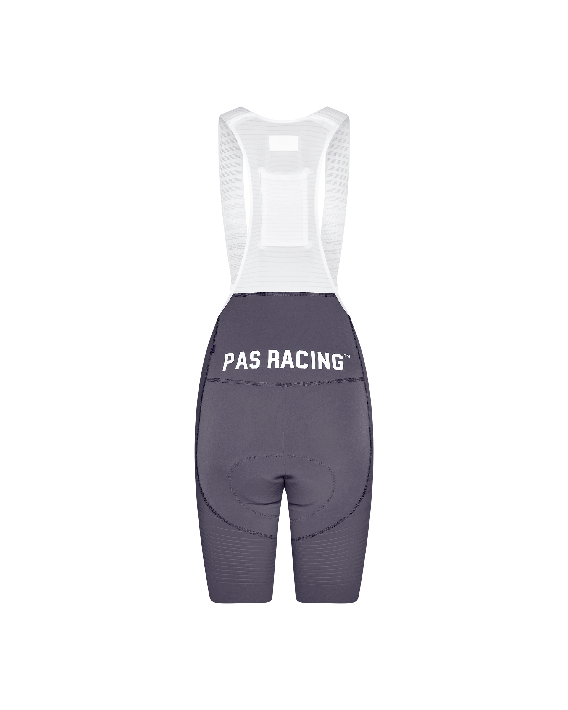Grey Mechanism Pro women's cycling bibs, rear flat lay with white PAS Racing print and white mesh bib straps