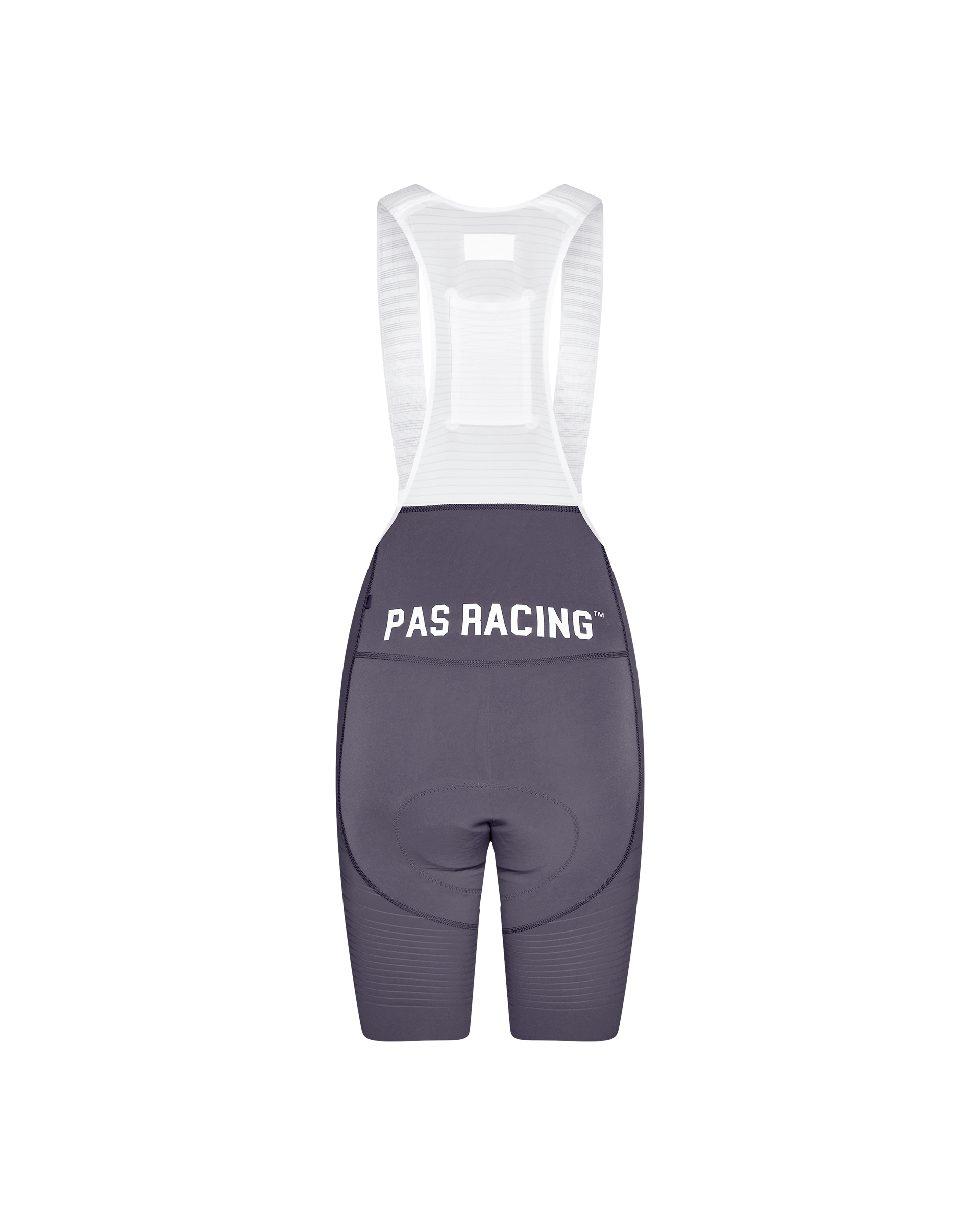 Grey Mechanism Pro women's cycling bibs, rear flat lay with white PAS Racing print and white mesh bib straps
