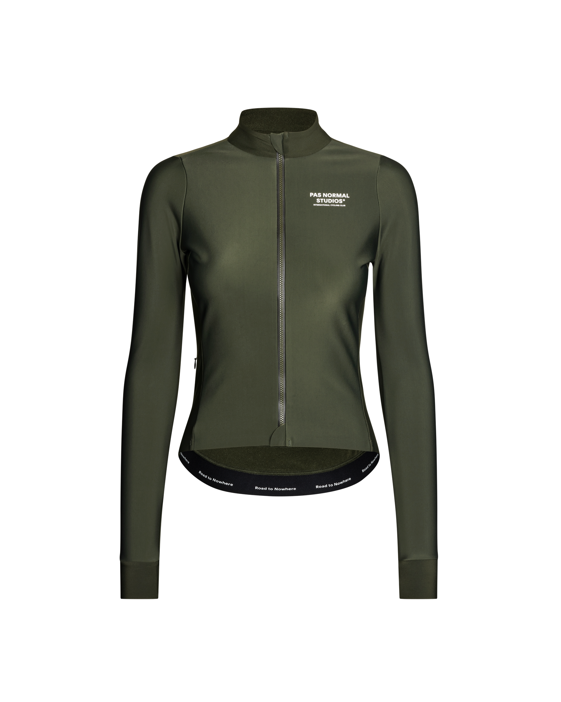 Dark Olive Mechanism Thermal long sleeve cycling jersey, front view with full zip and white chest logo
