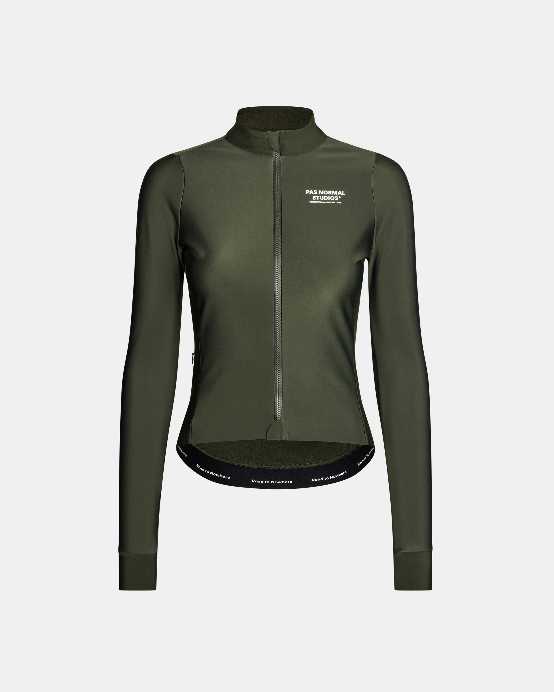 Dark Olive Mechanism Thermal long sleeve cycling jersey, front view with full zip and white chest logo