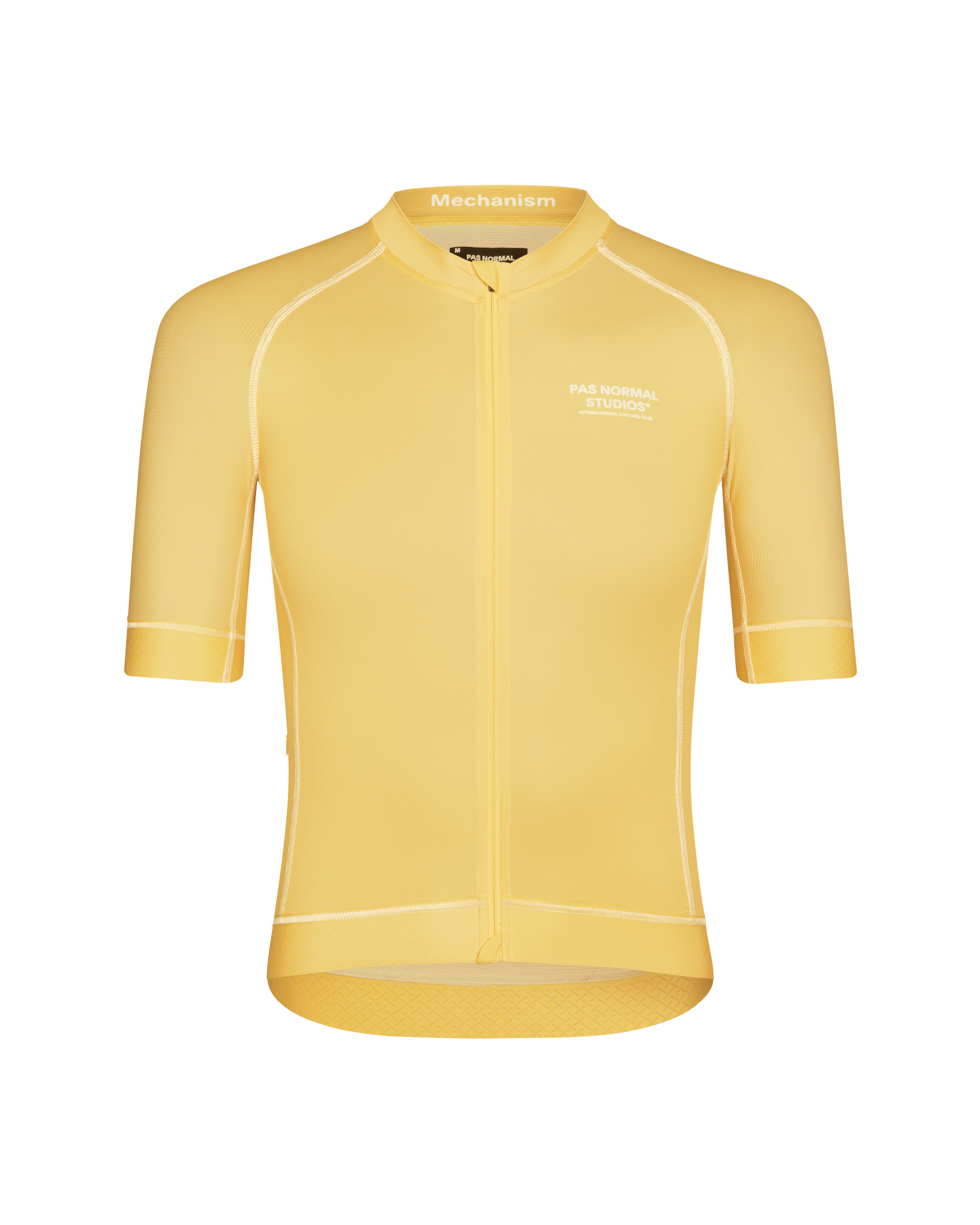 Yellow Mechanism cycling jersey, front flat lay with white contrast stitching