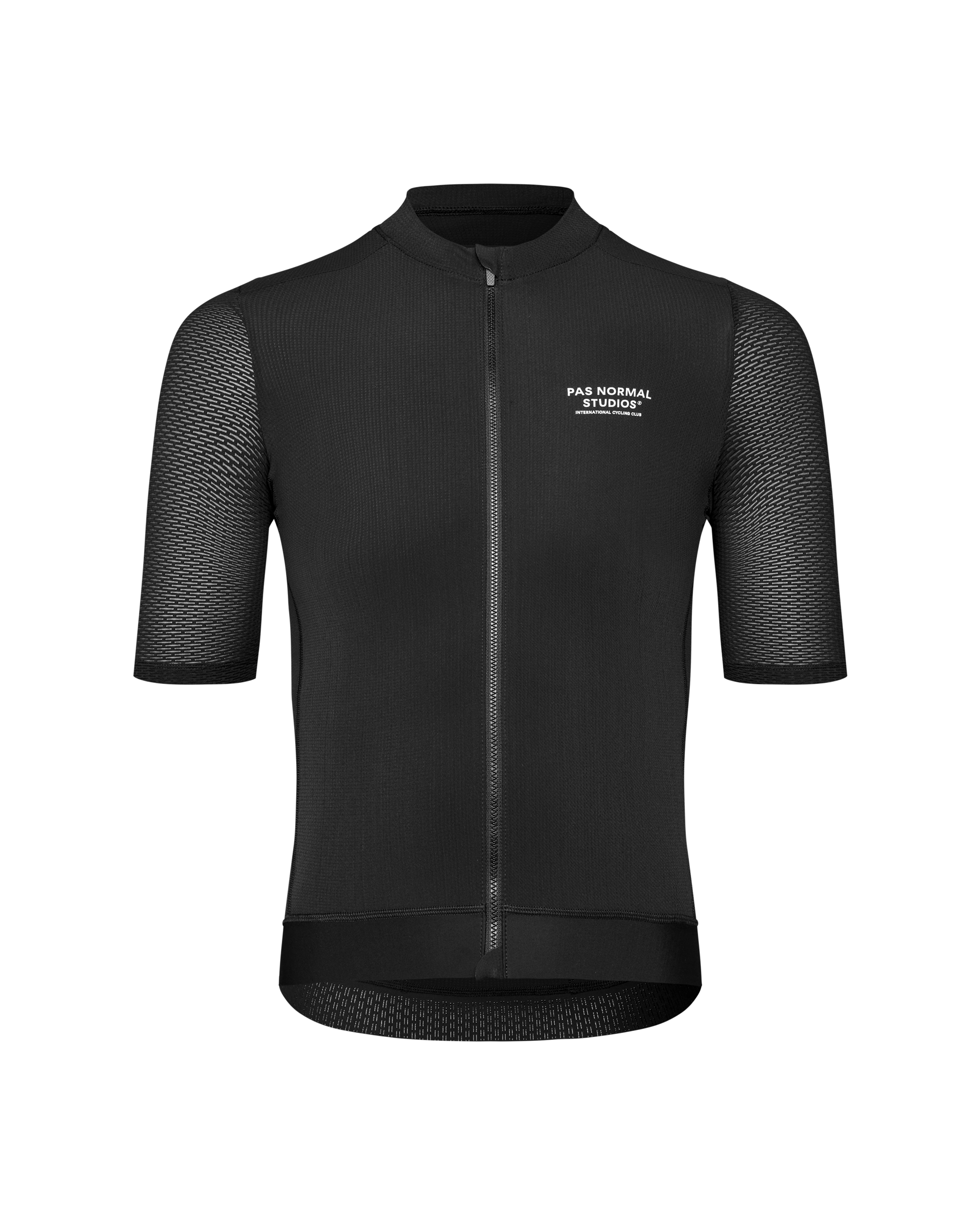 Black Essential Light cycling jersey, front view with textured sleeves and white chest logo