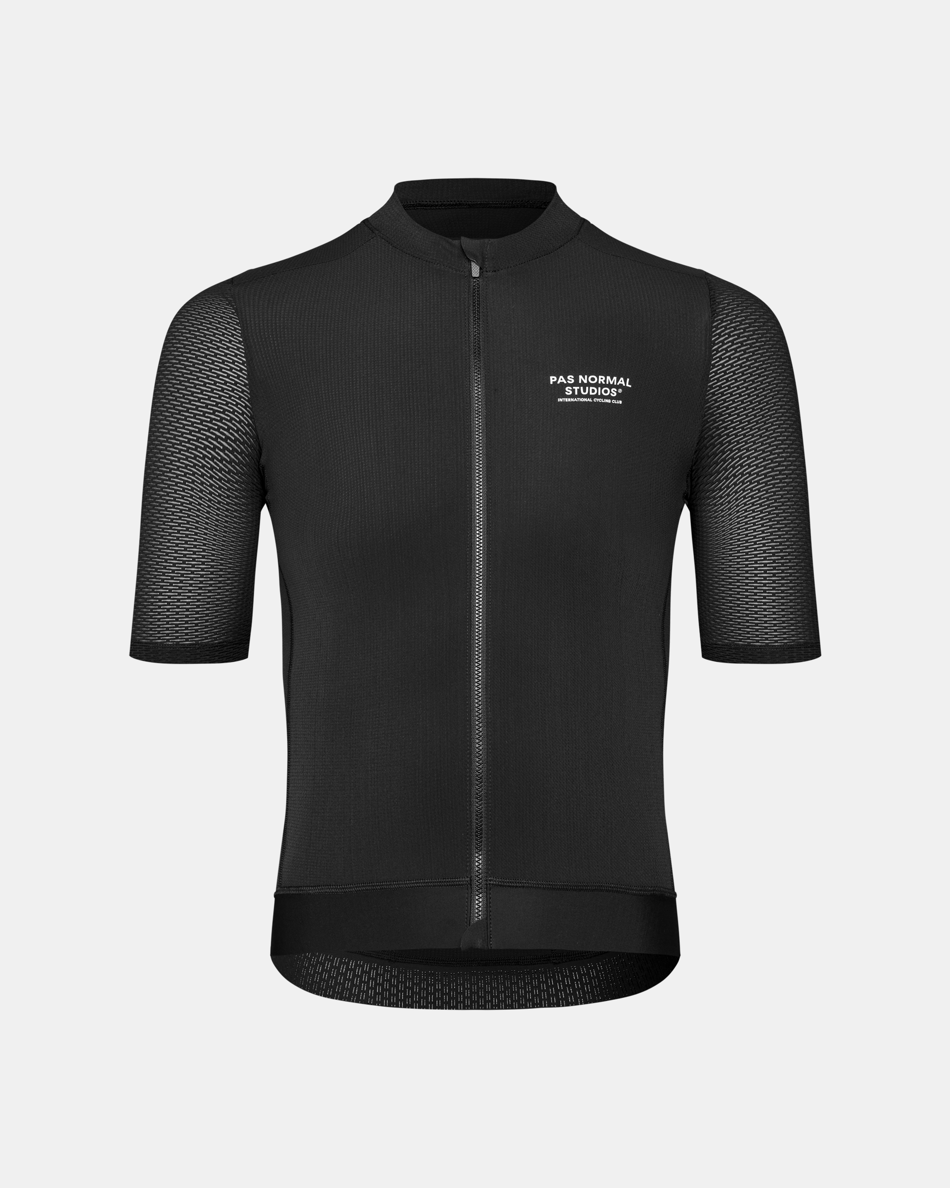 Black Essential Light cycling jersey, front view with textured sleeves and white chest logo