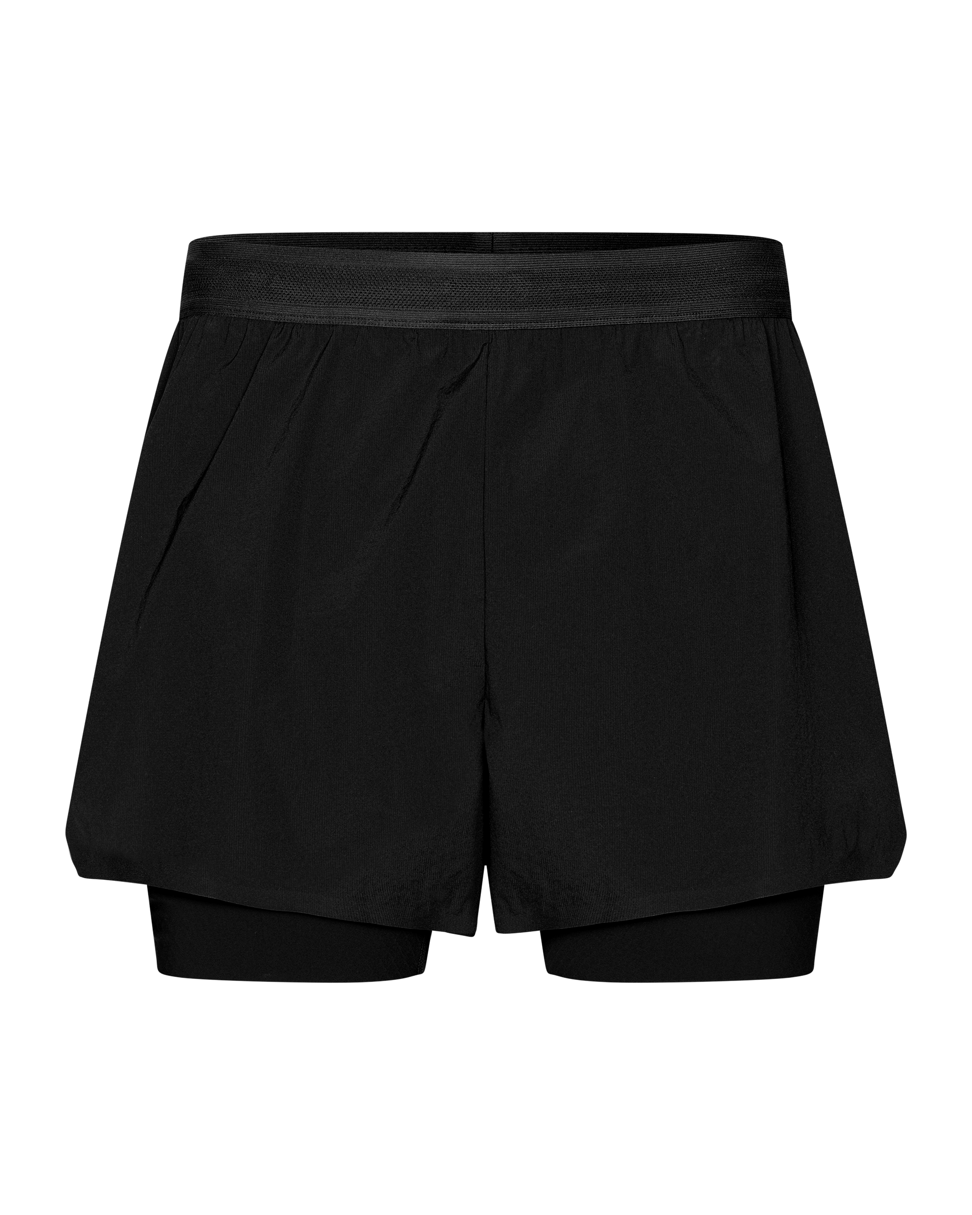Black Balance 2-in-1 shorts, front flat lay with outer shell and fitted inner layer