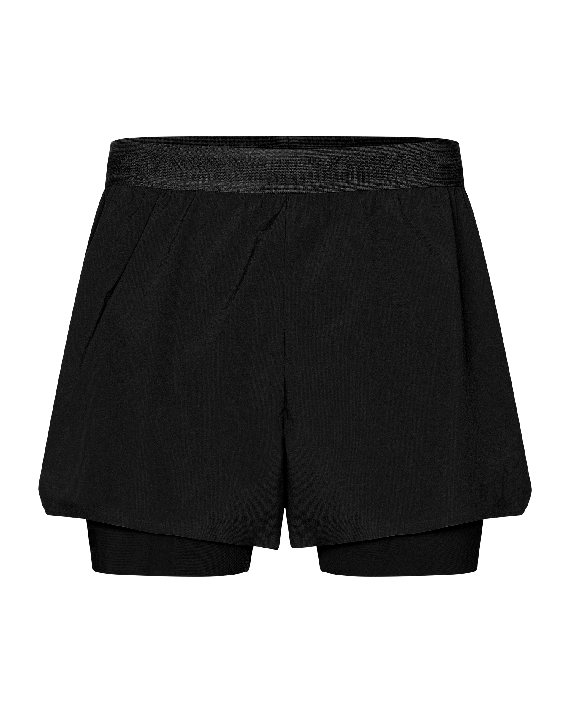 Black Balance 2-in-1 shorts, front flat lay with outer shell and fitted inner layer