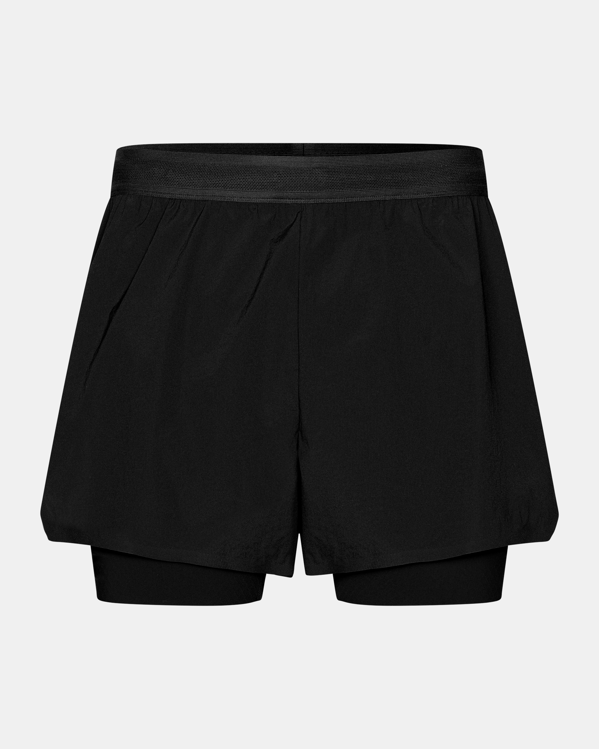 Black Balance 2-in-1 shorts, front flat lay with outer shell and fitted inner layer