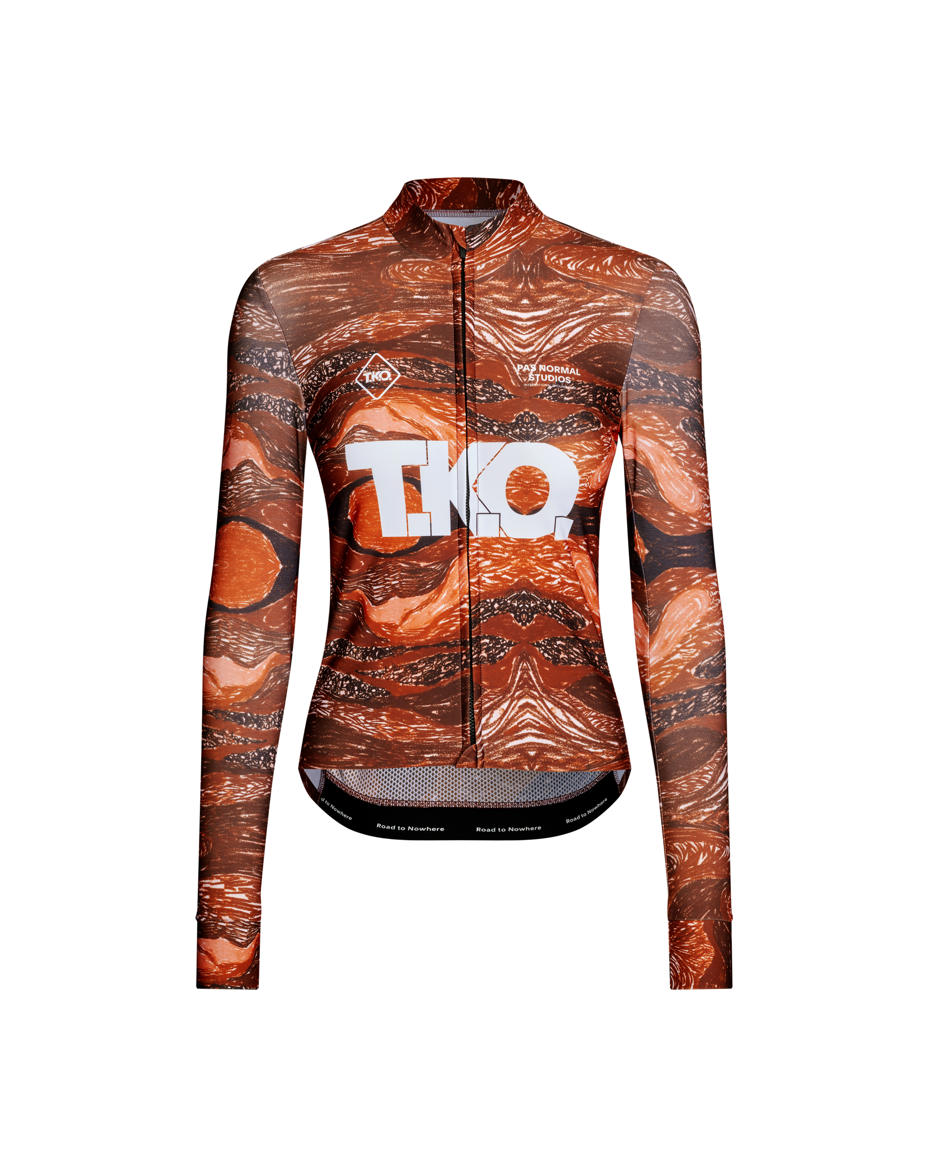 Red T.K.O. Mechanism women's long sleeve cycling jersey, front flat lay with all-over earth print and white chest logo