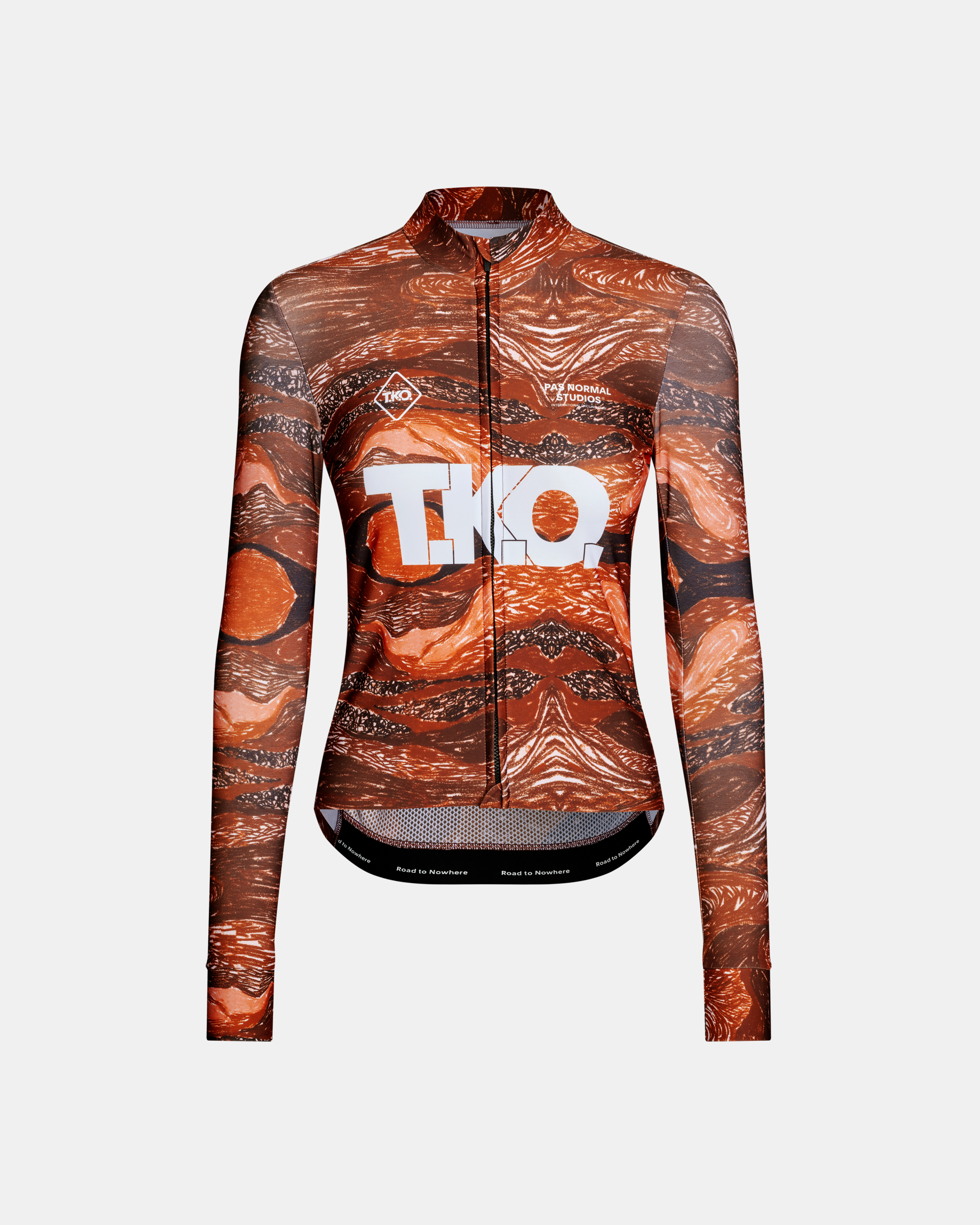 Red T.K.O. Mechanism women's long sleeve cycling jersey, front flat lay with all-over earth print and white chest logo