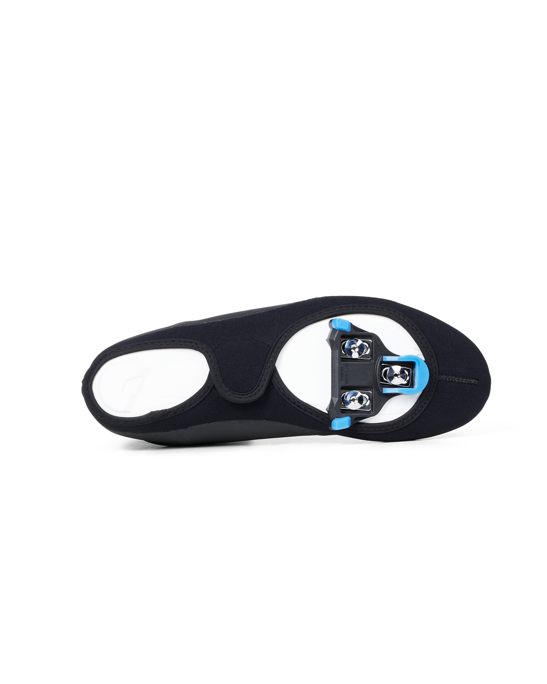 Black Logo Heavy overshoes, bottom view showing three-bolt cleat mounting system