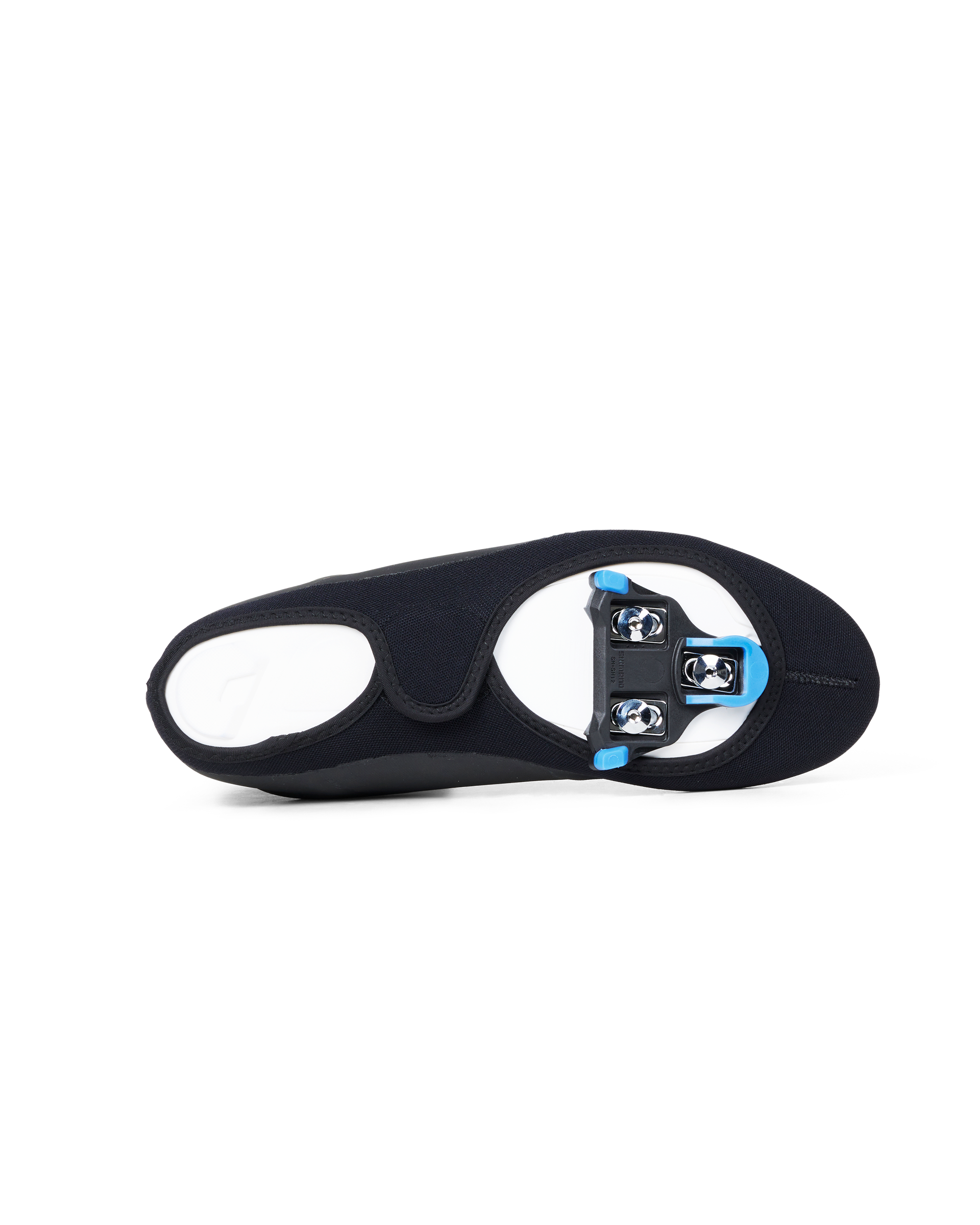 Black Logo Heavy overshoes, bottom view showing three-bolt cleat mounting system