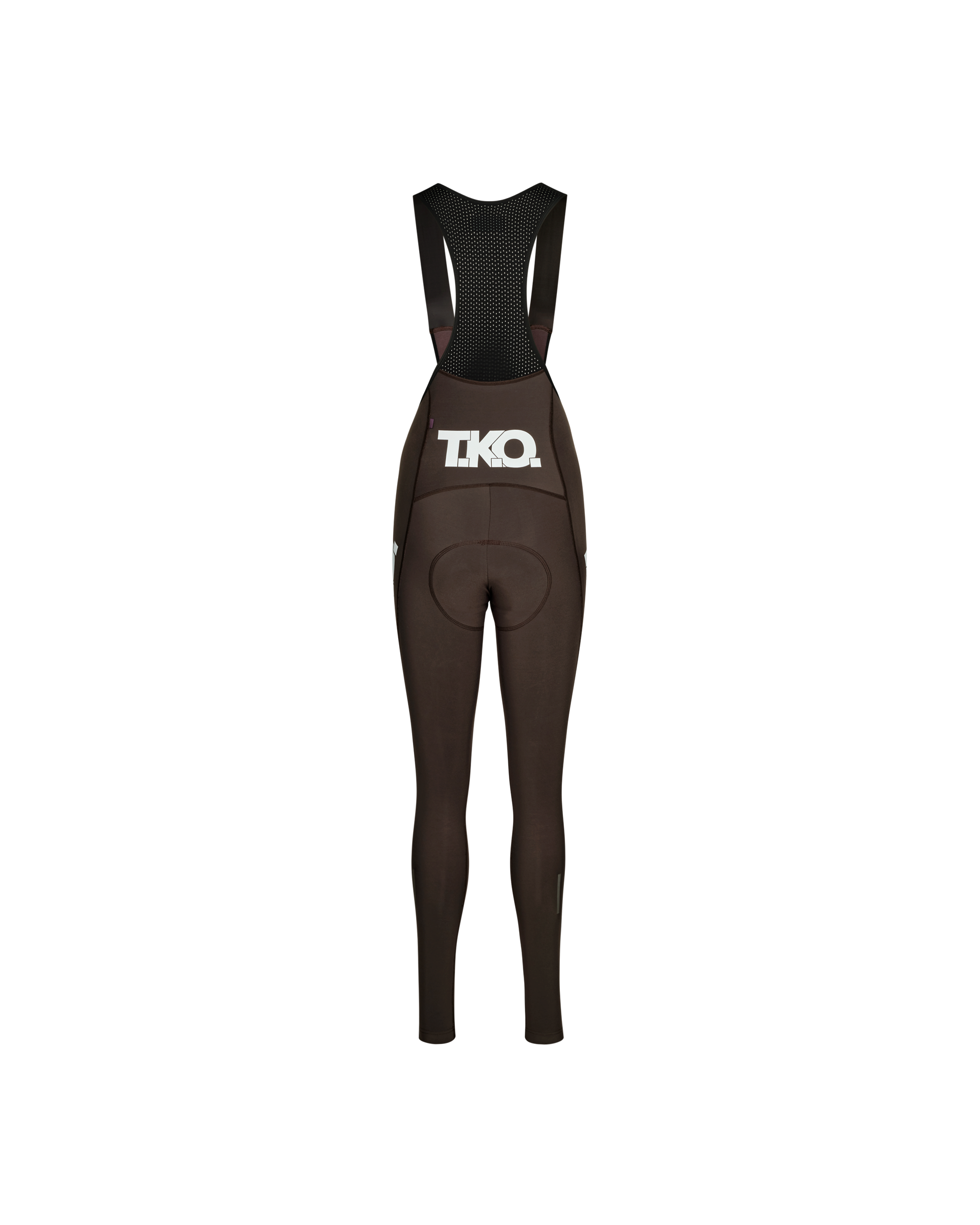 Dark Purple T.K.O. Essential Thermal Long cycling bibs, rear flat lay with white T.K.O. logo print and mesh bib panel