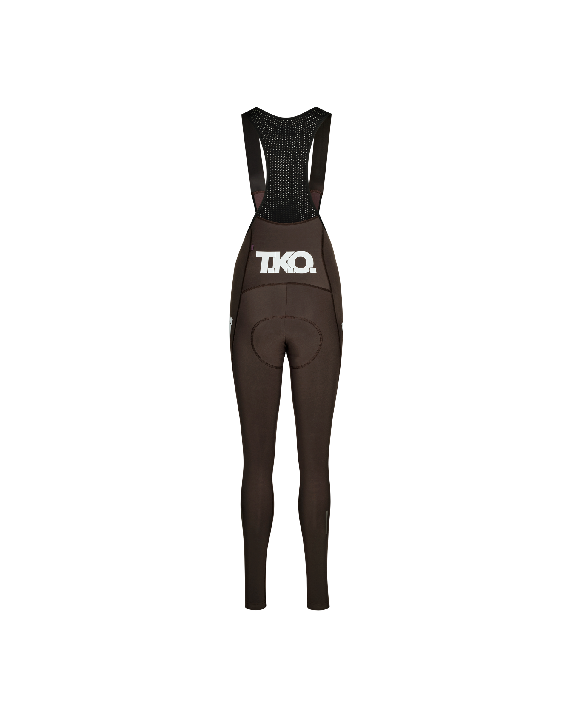 Dark Purple T.K.O. Essential Thermal Long cycling bibs, rear flat lay with white T.K.O. logo print and mesh bib panel