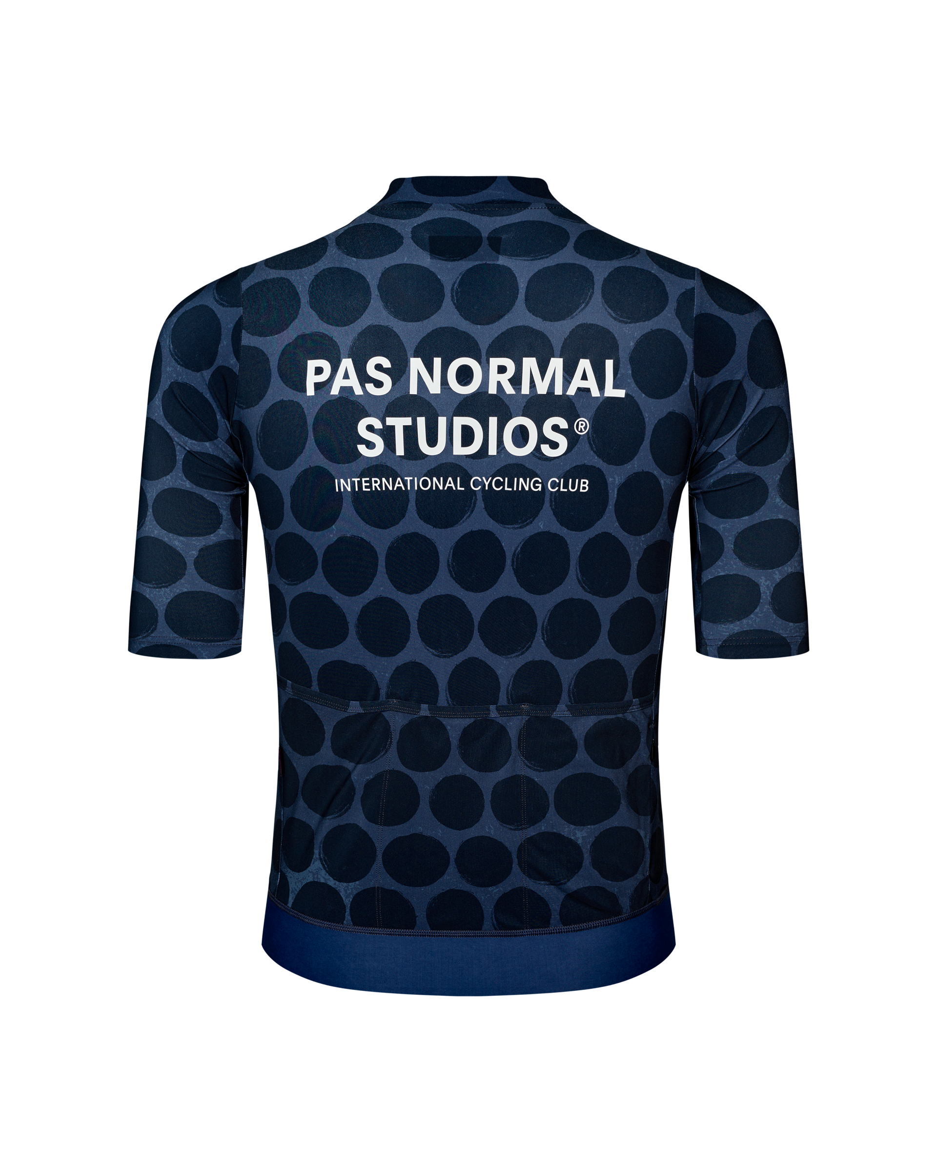 Navy Essential cycling jersey, rear view with dark dot pattern and white chest logo