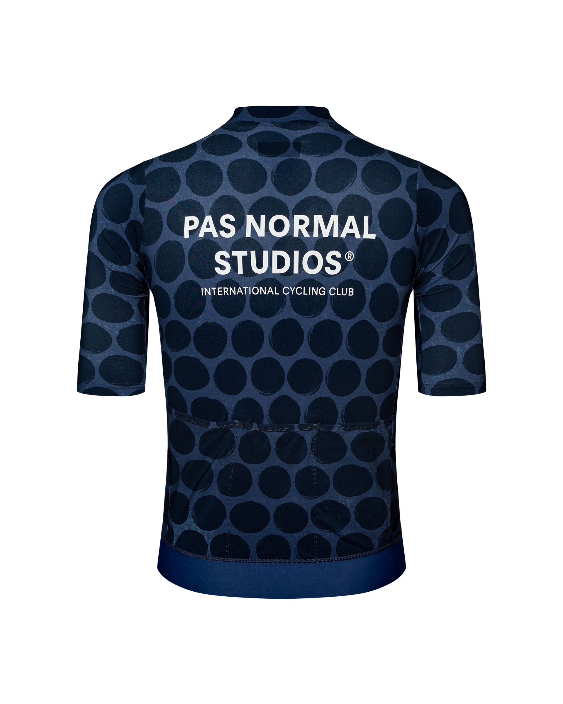 Navy Essential cycling jersey, rear view with dark dot pattern and white chest logo