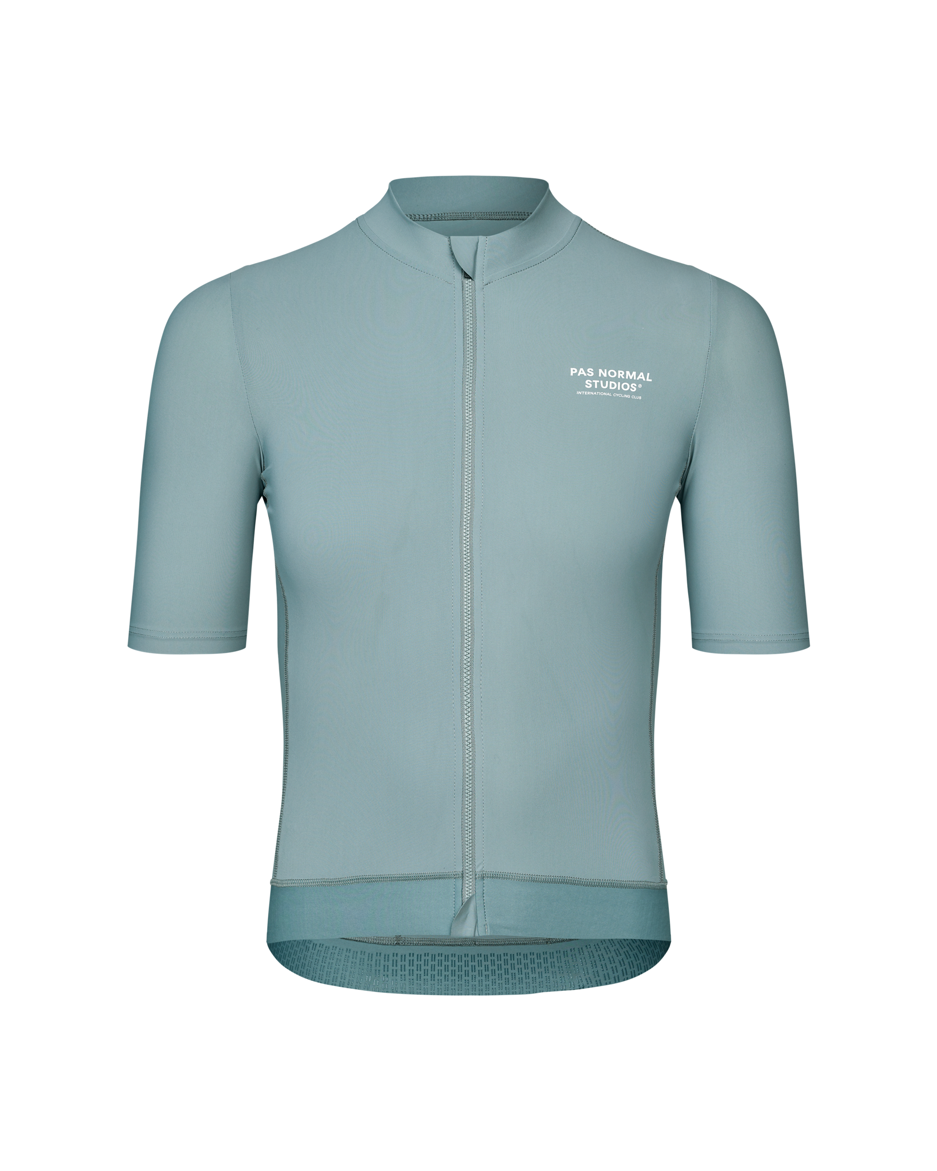 Blue Essential cycling jersey, front view with white chest logo and contrast stitching