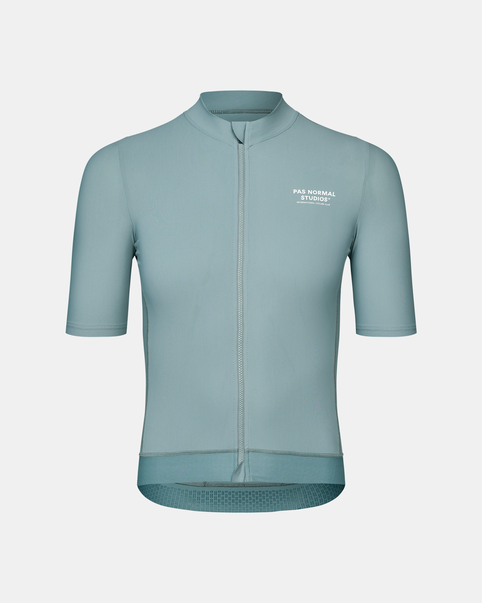 Blue Essential cycling jersey, front view with white chest logo and contrast stitching