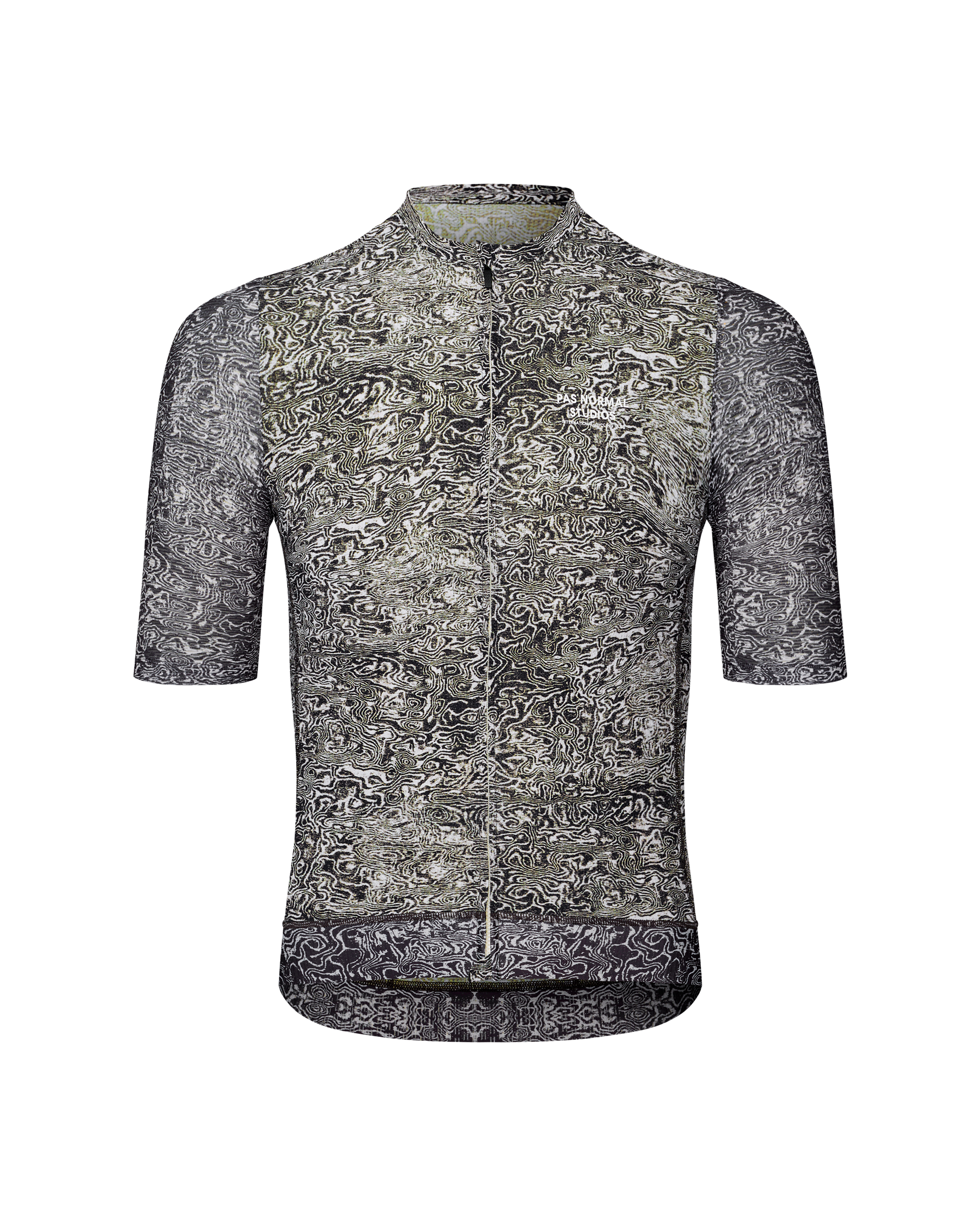 Off White Essential cycling jersey, front flat lay with all-over topographic print