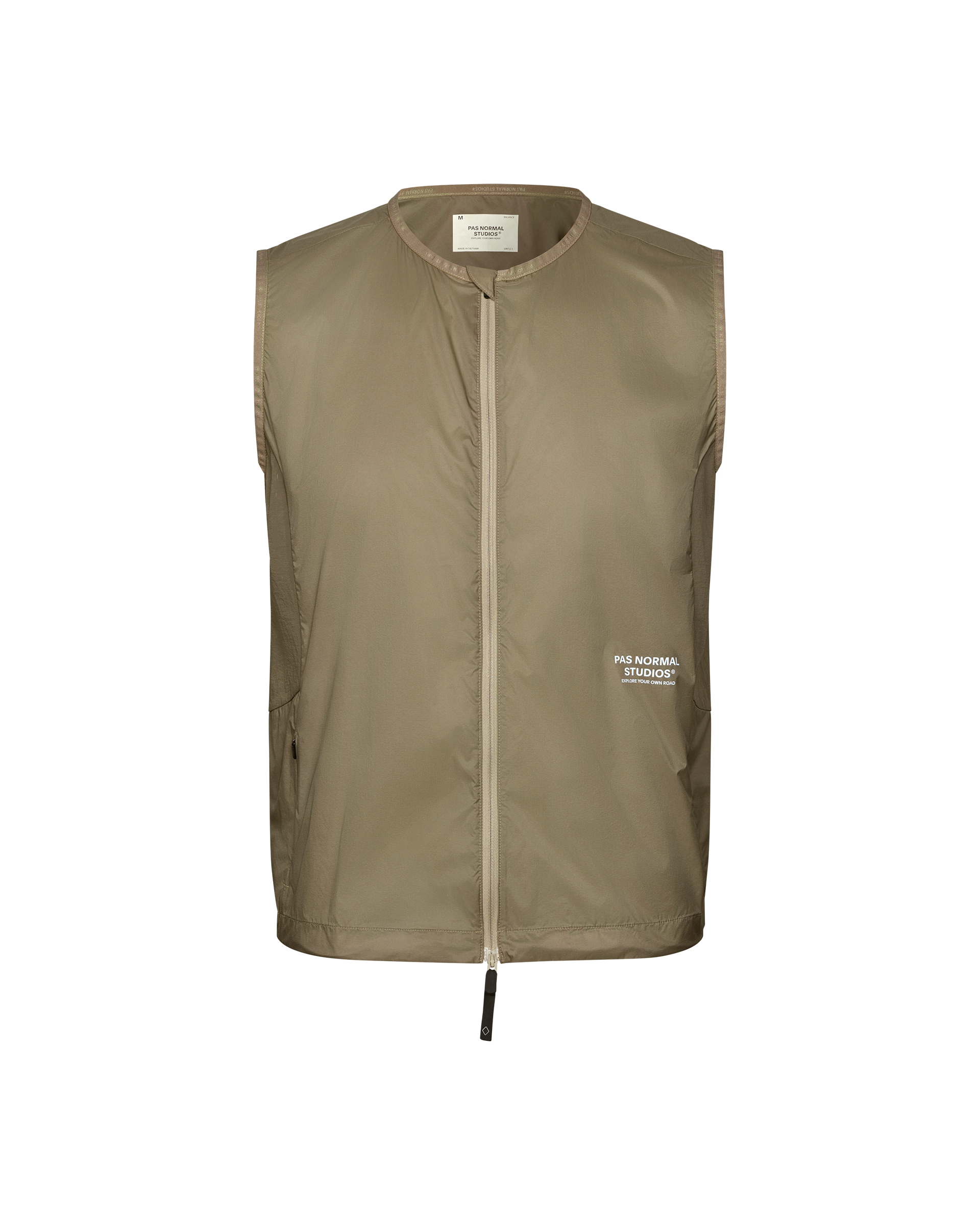 Dusty Earth khaki Balance Windproof cycling vest, front flat lay with full zip and white chest print