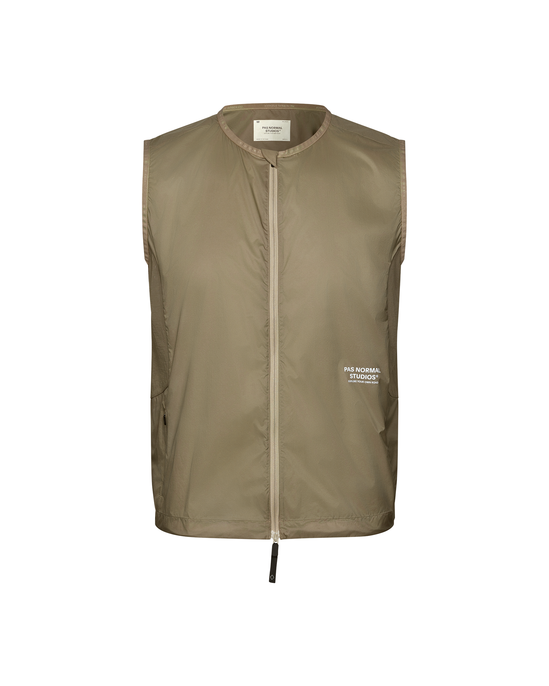 Dusty Earth khaki Balance Windproof cycling vest, front flat lay with full zip and white chest print