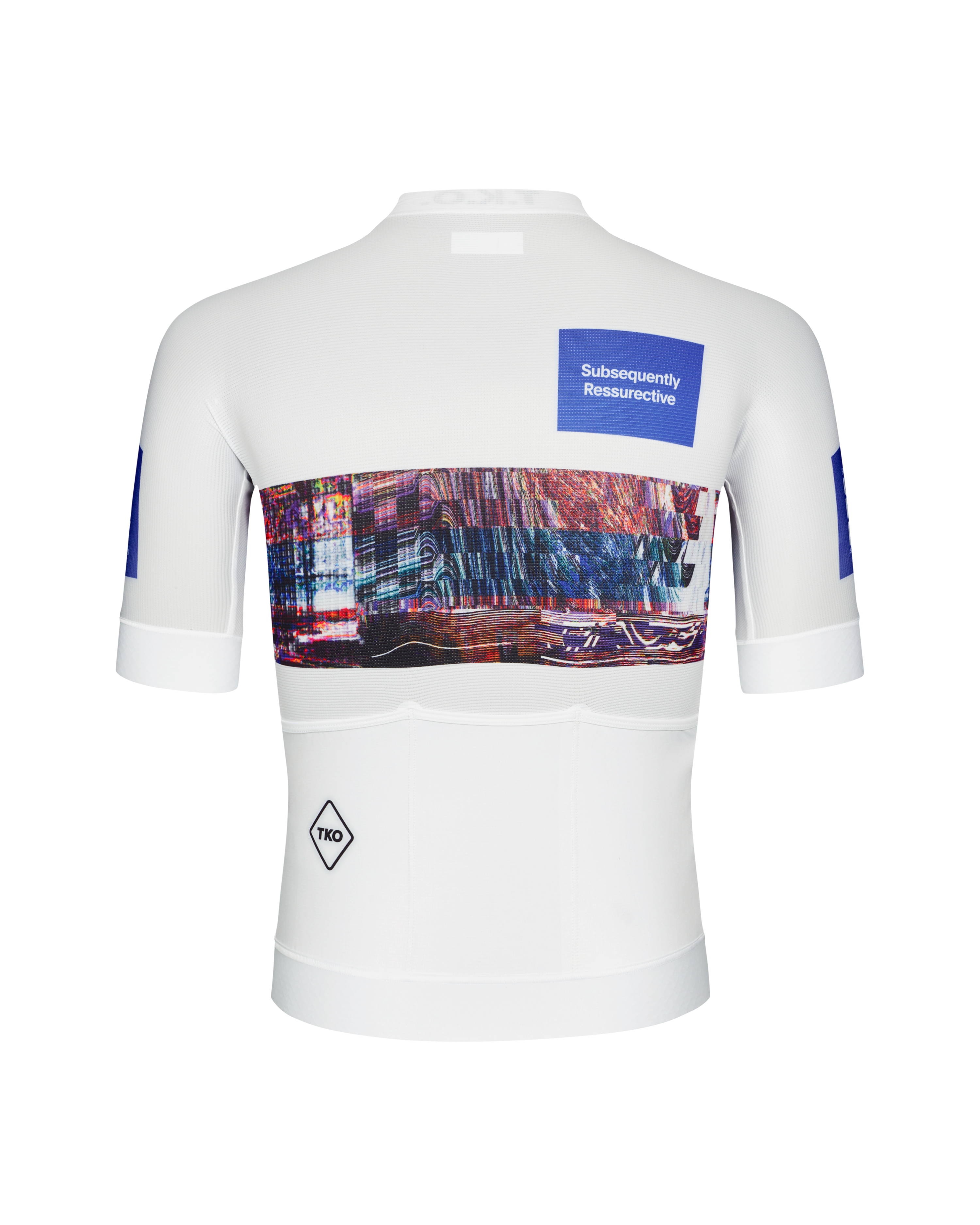 White T.K.O. Mechanism cycling jersey, rear flat lay with glitch-art back panel and blue graphic print