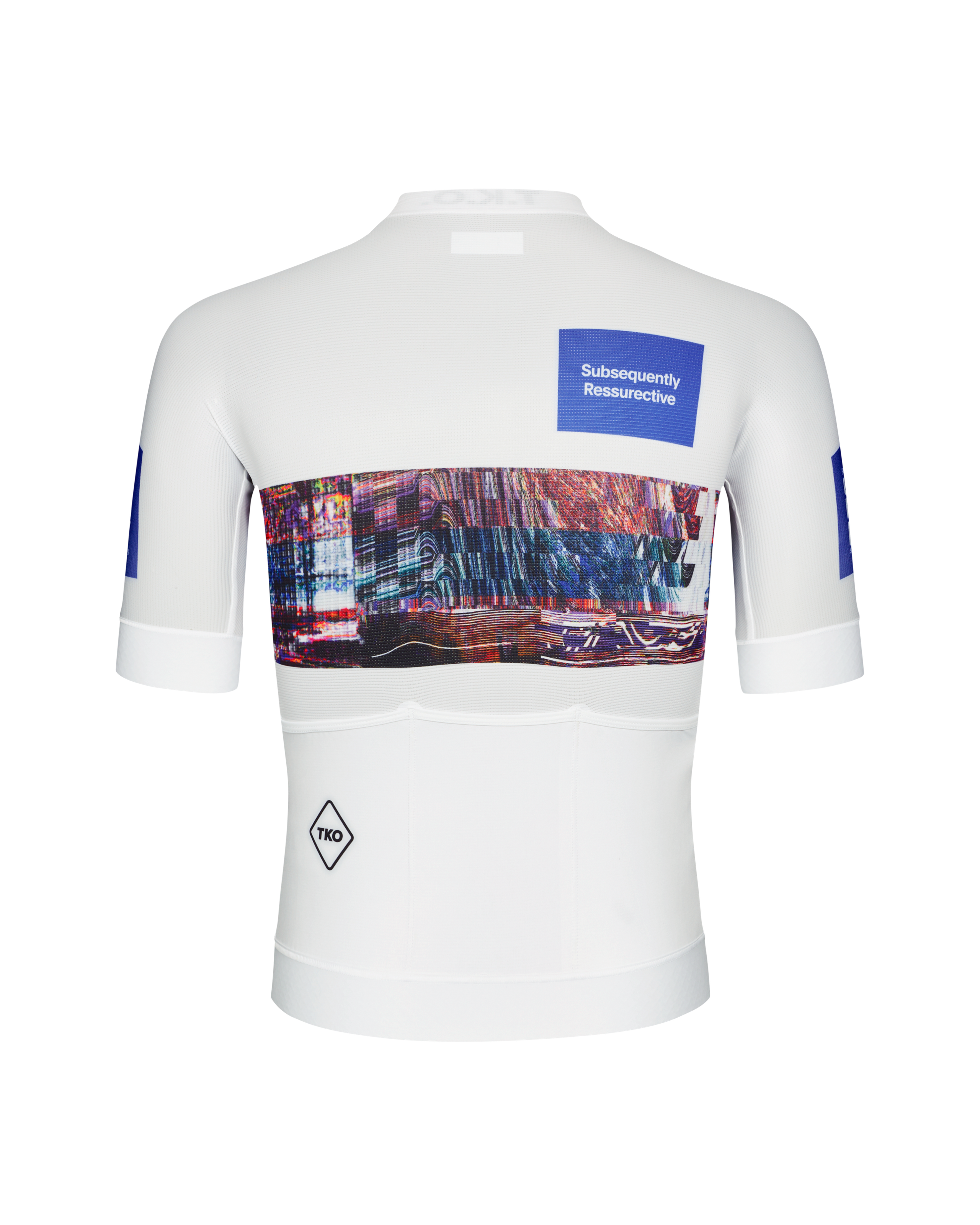 White T.K.O. Mechanism cycling jersey, rear flat lay with glitch-art back panel and blue graphic print