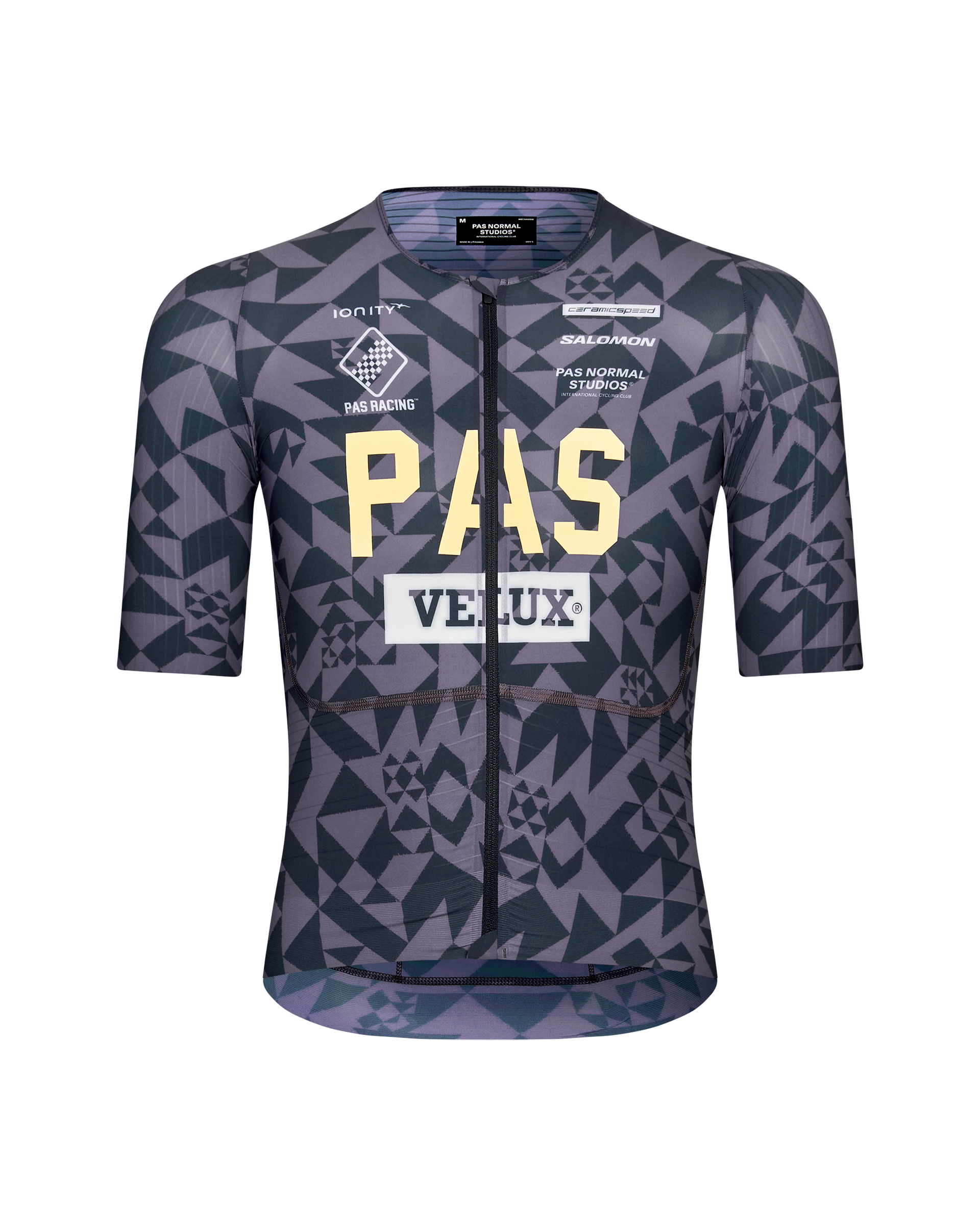 Origami Grey PAS Mechanism Pro cycling jersey, front flat lay with geometric print and sponsor logos