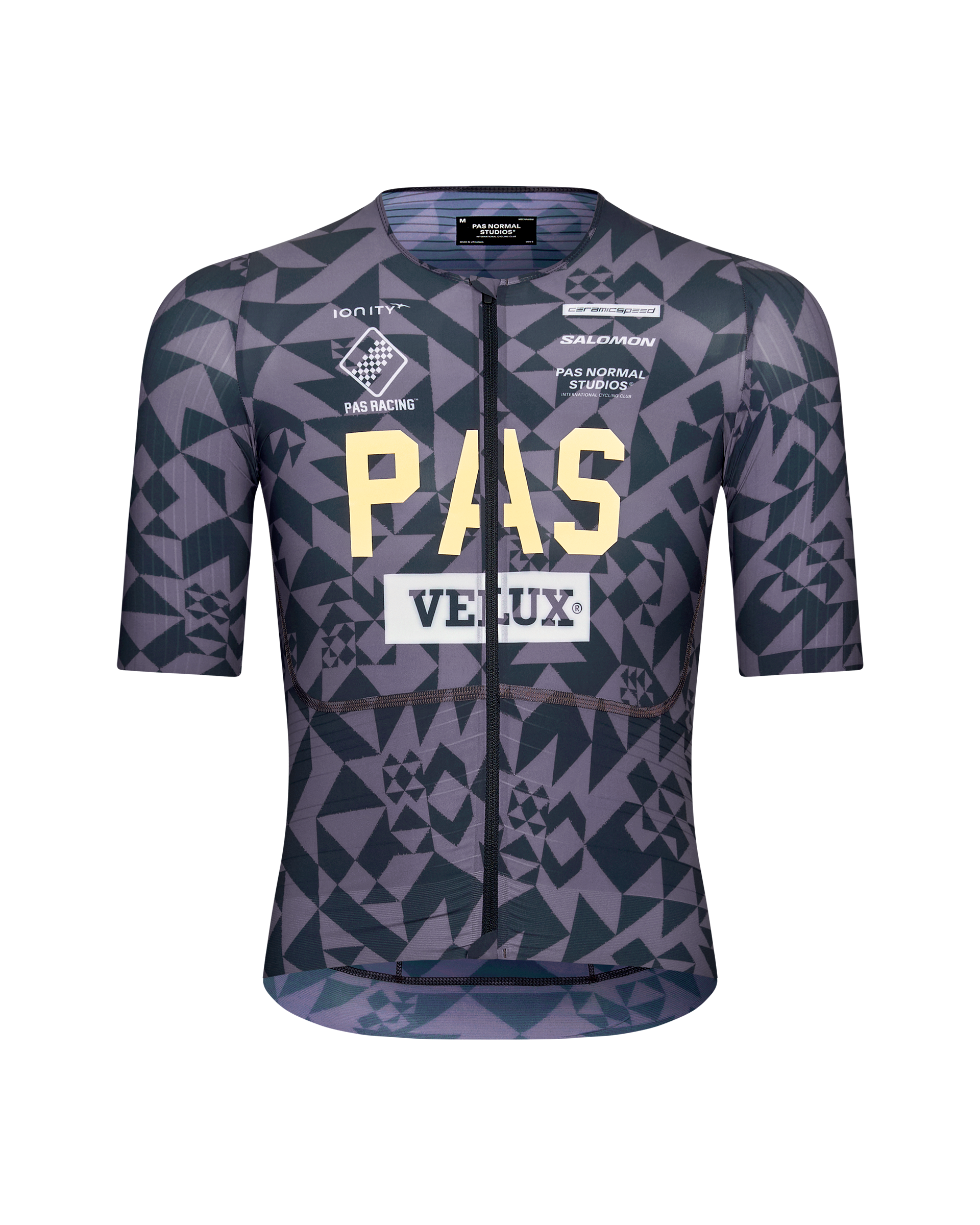 Origami Grey PAS Mechanism Pro cycling jersey, front flat lay with geometric print and sponsor logos