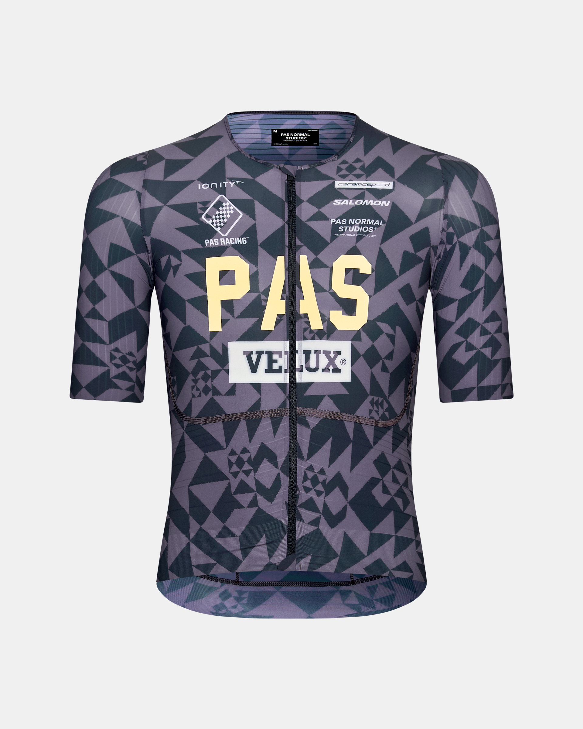 Origami Grey PAS Mechanism Pro cycling jersey, front flat lay with geometric print and sponsor logos