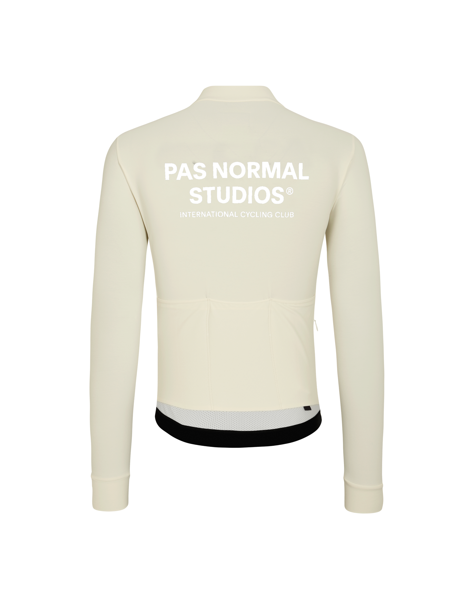 Off White Mechanism long sleeve cycling jersey, rear flat lay with white back print and black hem band