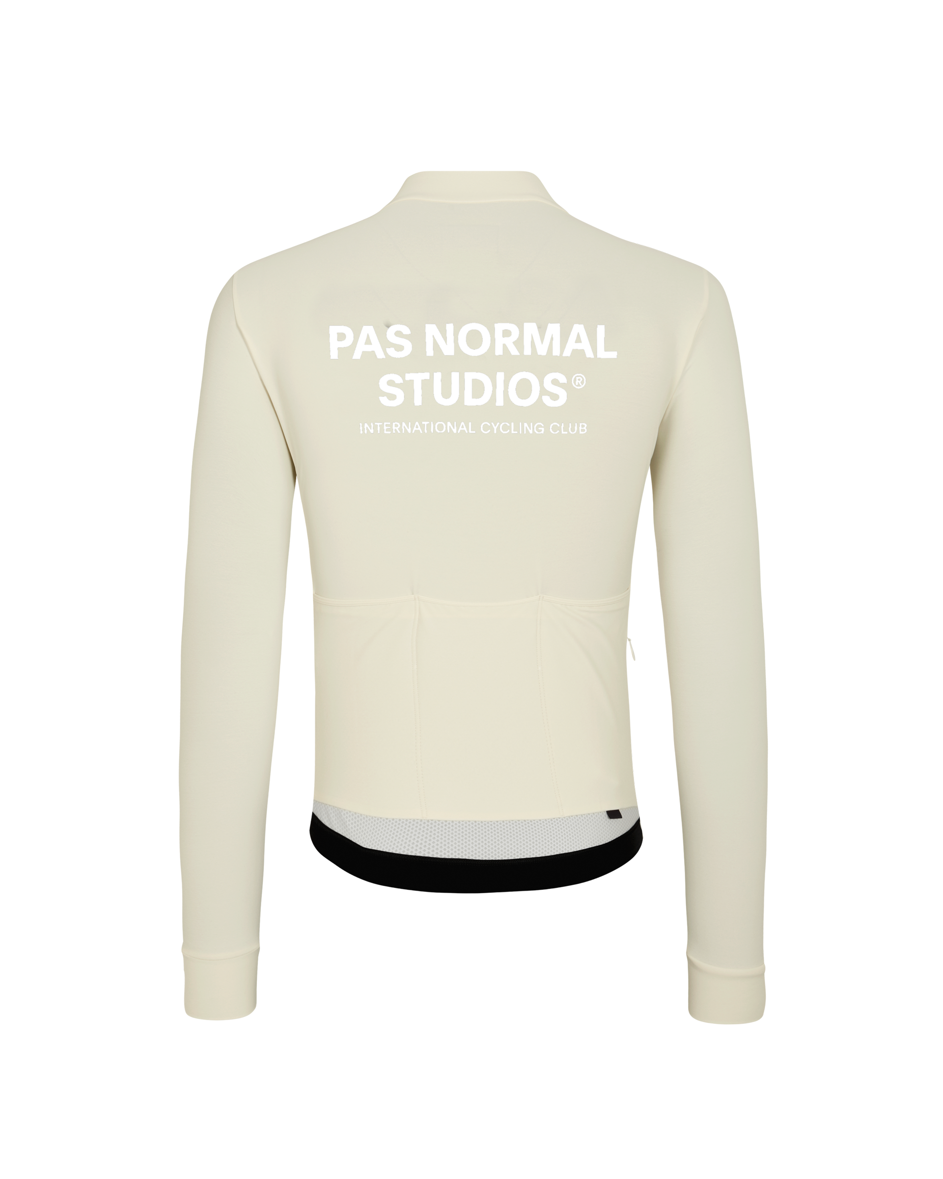 Off White Mechanism long sleeve cycling jersey, rear flat lay with white back print and black hem band