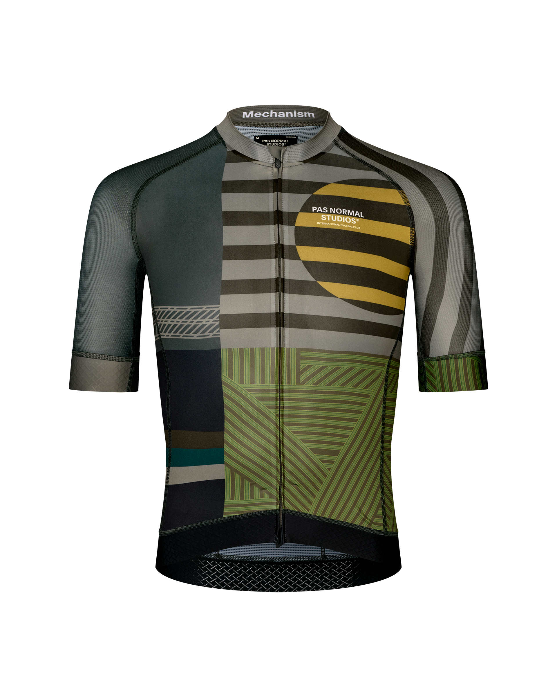 International Earth Mechanism cycling jersey, front flat lay with multicolour geometric stripe and circle print