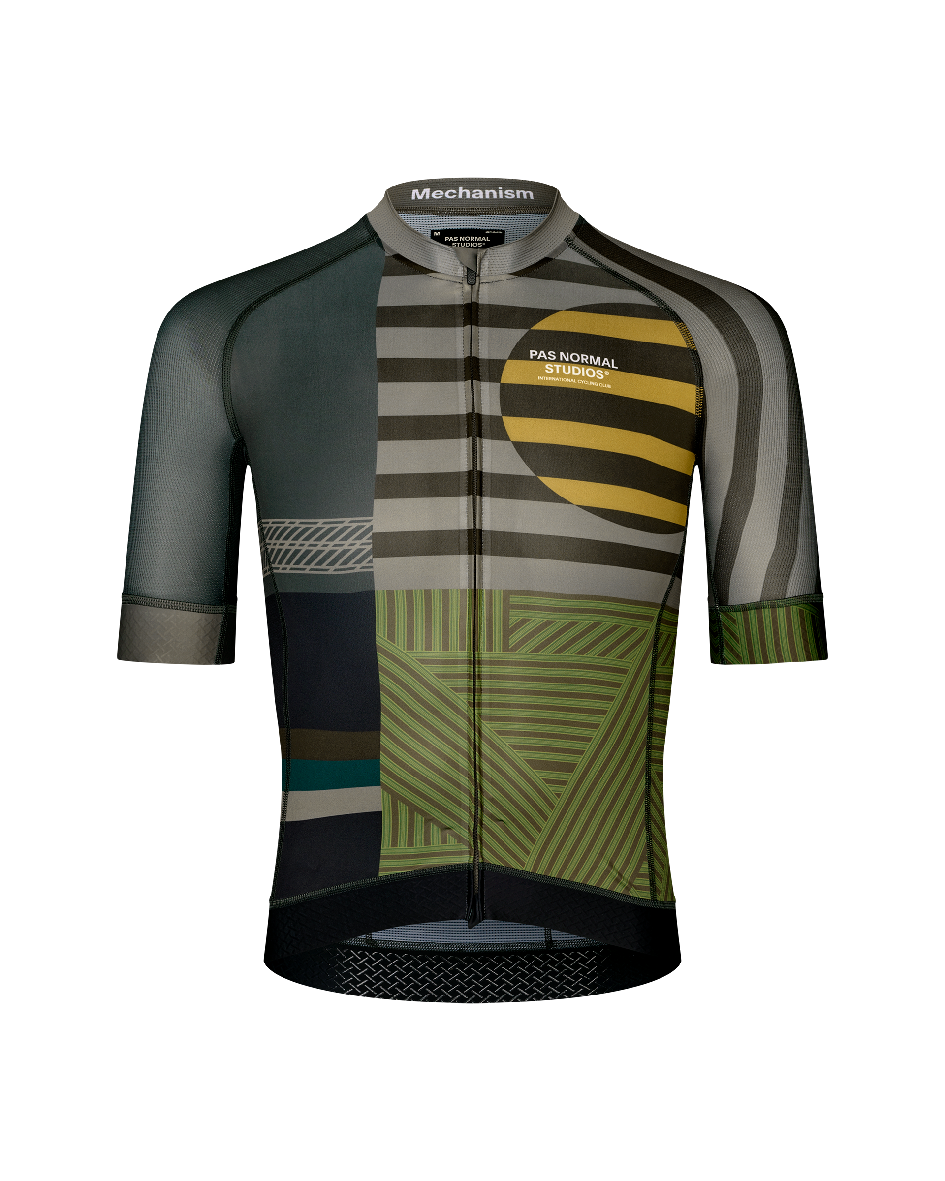International Earth Mechanism cycling jersey, front flat lay with multicolour geometric stripe and circle print
