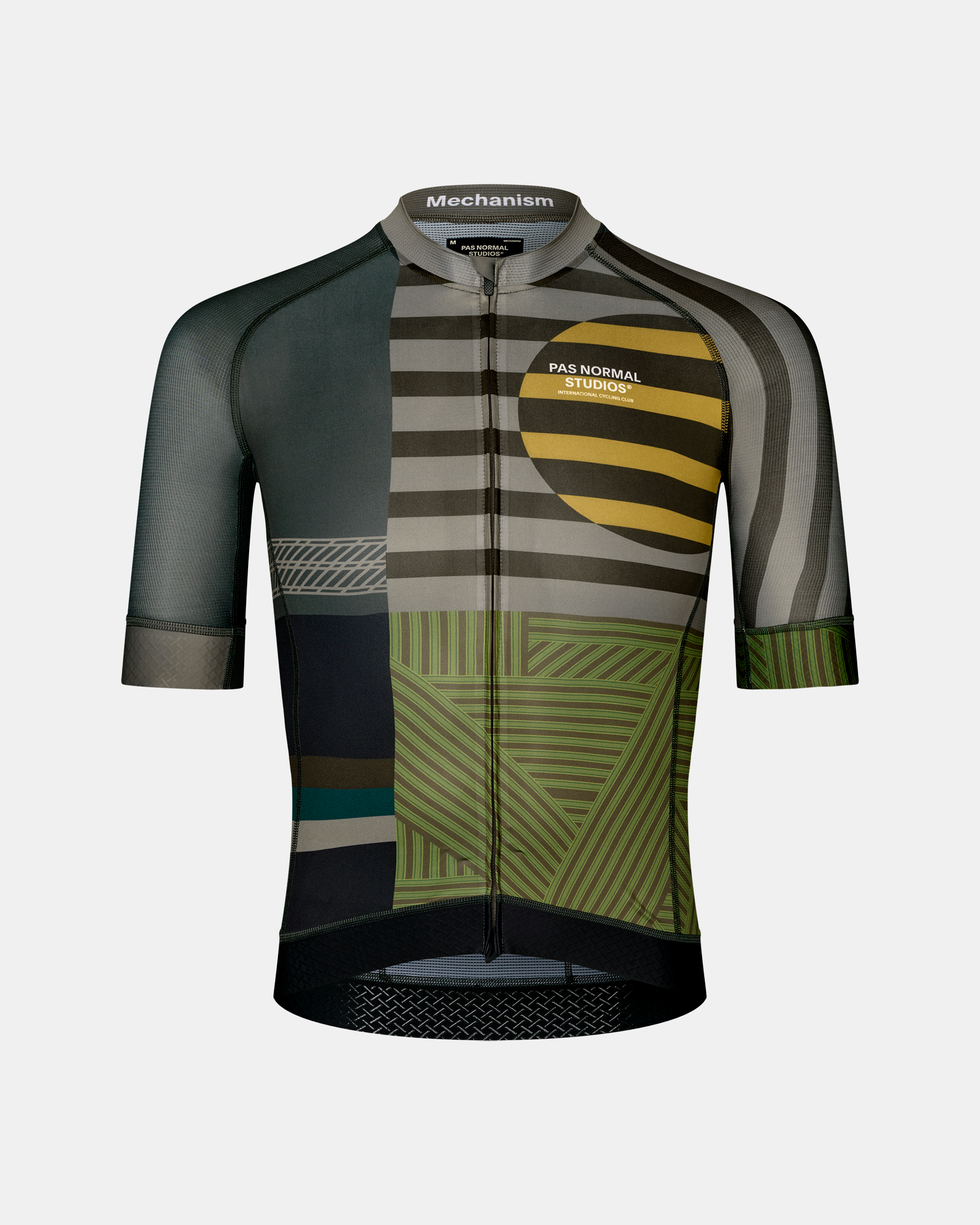 International Earth Mechanism cycling jersey, front flat lay with multicolour geometric stripe and circle print