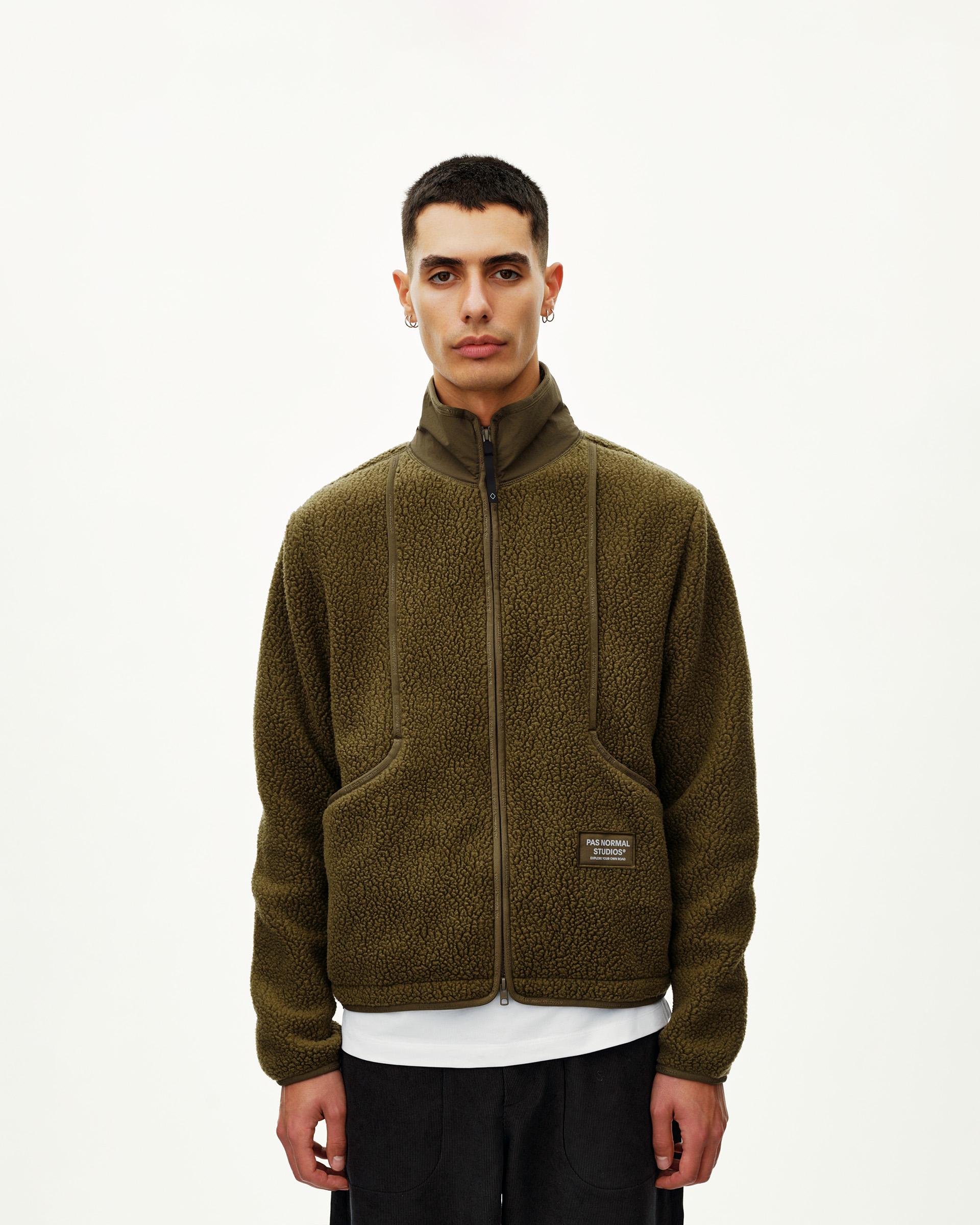 Deep Olive Off-Race Pile Fleece jacket on model, front view with full zip and sherpa texture