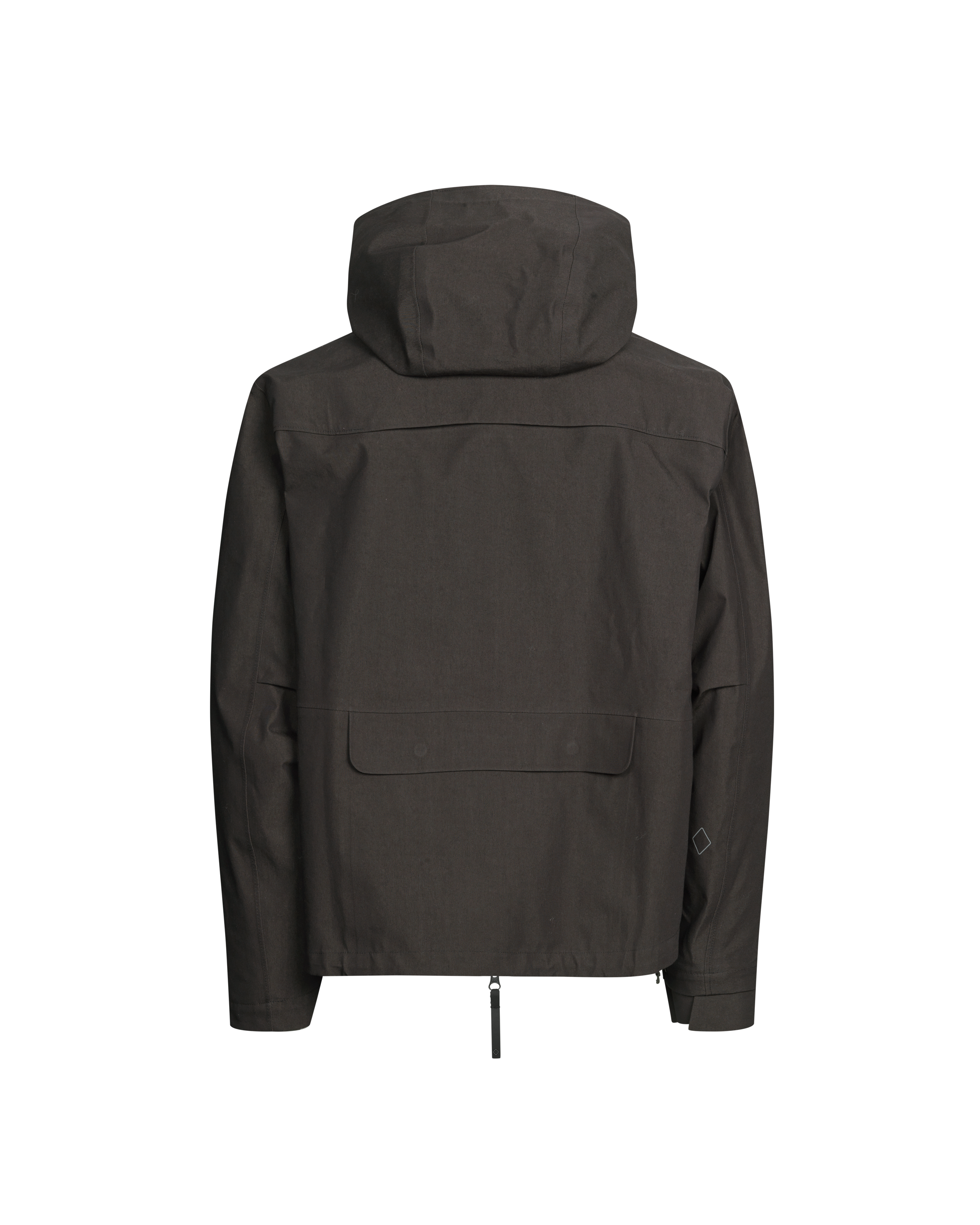 Dark Olive Off-Race 3L Cotton Shell jacket, rear view with hood up and back pocket detail